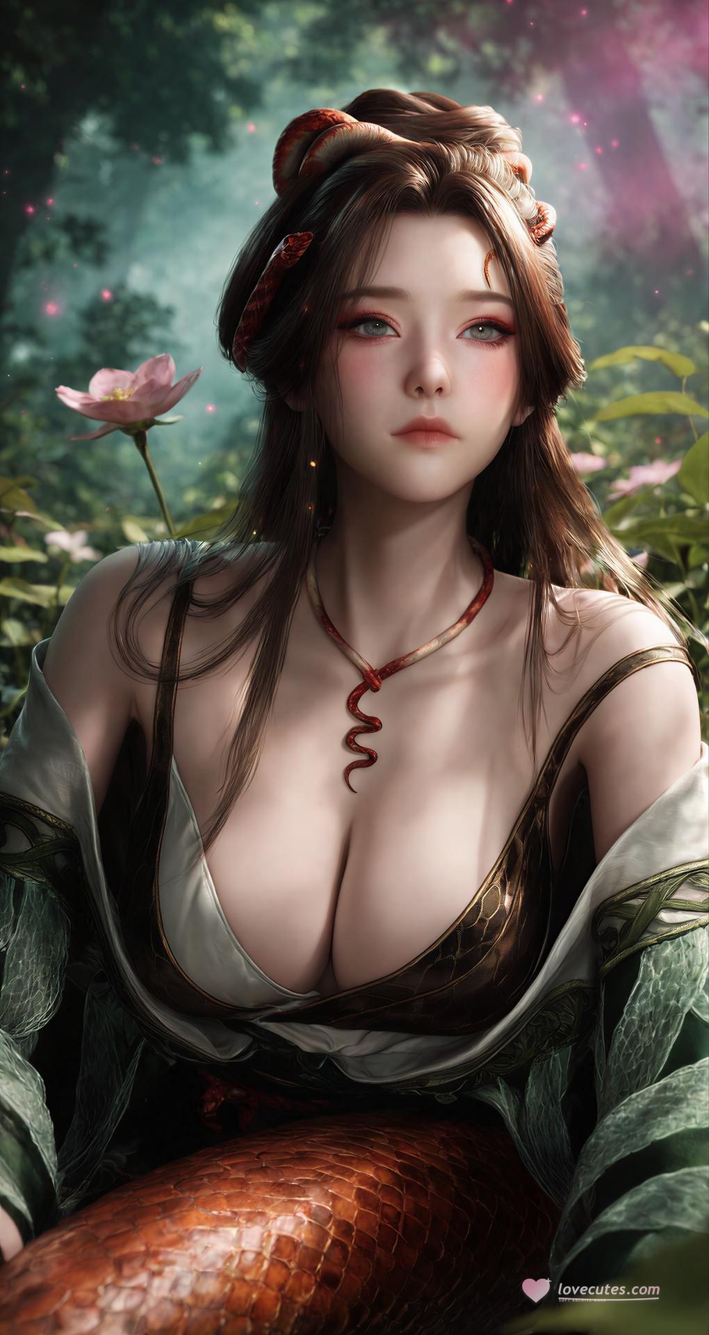 AI Porn - 용교남 숲 뱀 모티브 고전의상 상반신 노출 숲 장면, 뱀 모티브 고전의상, 상반신 노출 AI 이미지 갤러리 162P