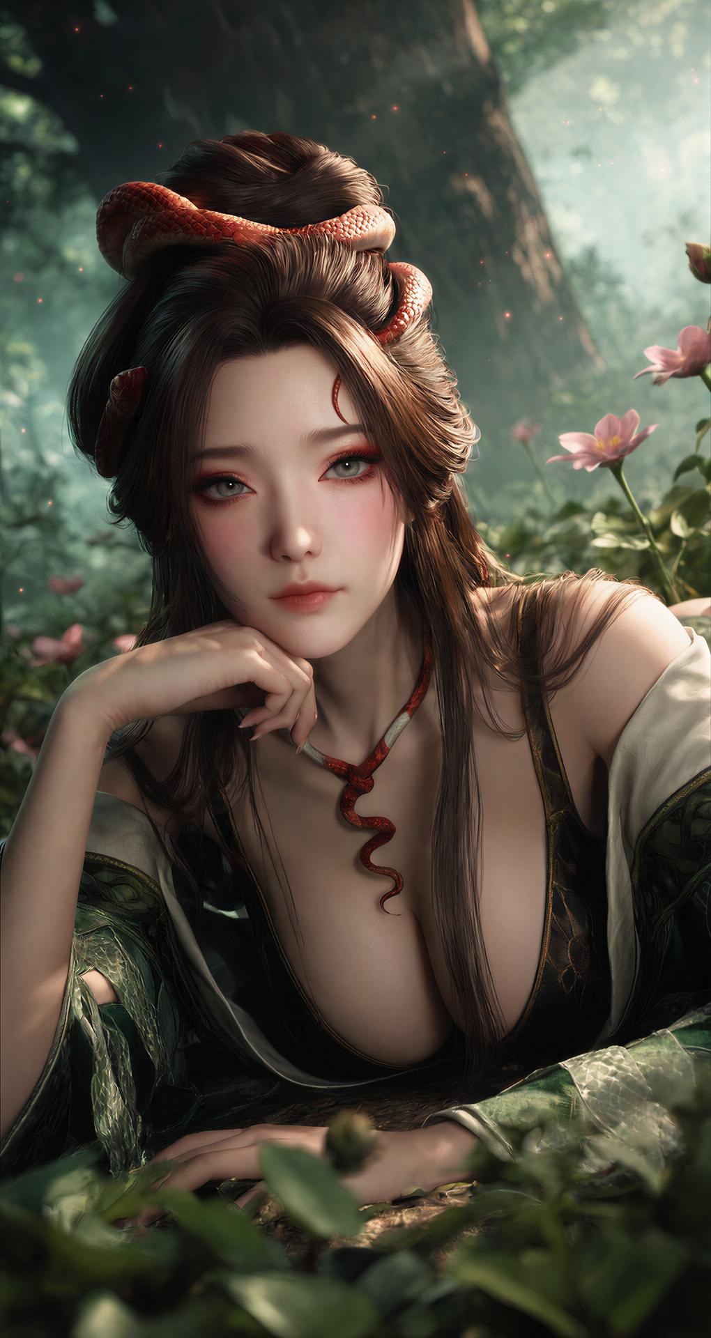 AI Porn - 용교남 숲 뱀 모티브 고전의상 상반신 노출 숲 장면, 뱀 모티브 고전의상, 상반신 노출 AI 이미지 갤러리 162P