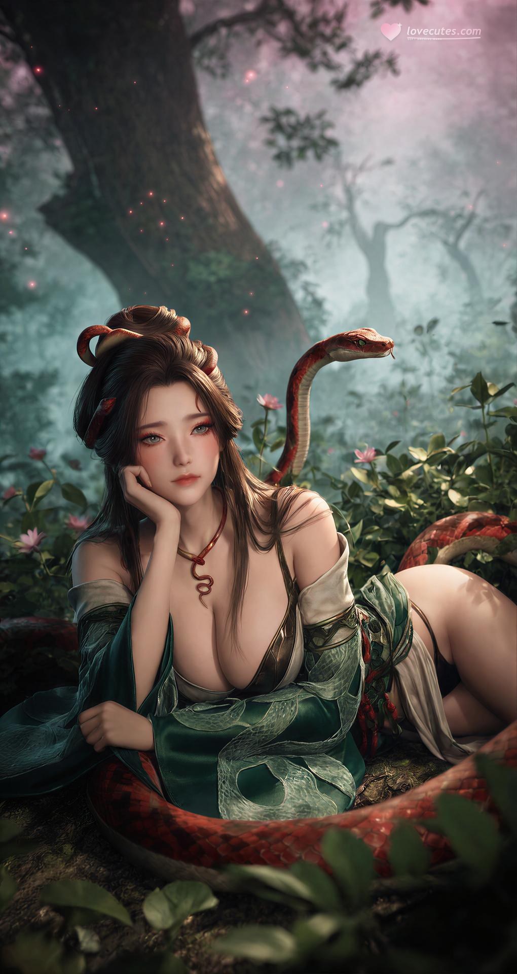 AI Porn - 용교남 숲 뱀 모티브 고전의상 상반신 노출 숲 장면, 뱀 모티브 고전의상, 상반신 노출 AI 이미지 갤러리 162P