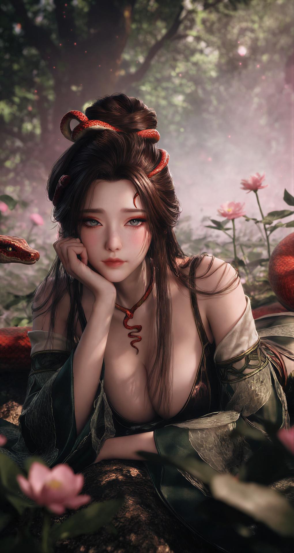 AI Porn - 용교남 숲 뱀 모티브 고전의상 상반신 노출 숲 장면, 뱀 모티브 고전의상, 상반신 노출 AI 이미지 갤러리 162P