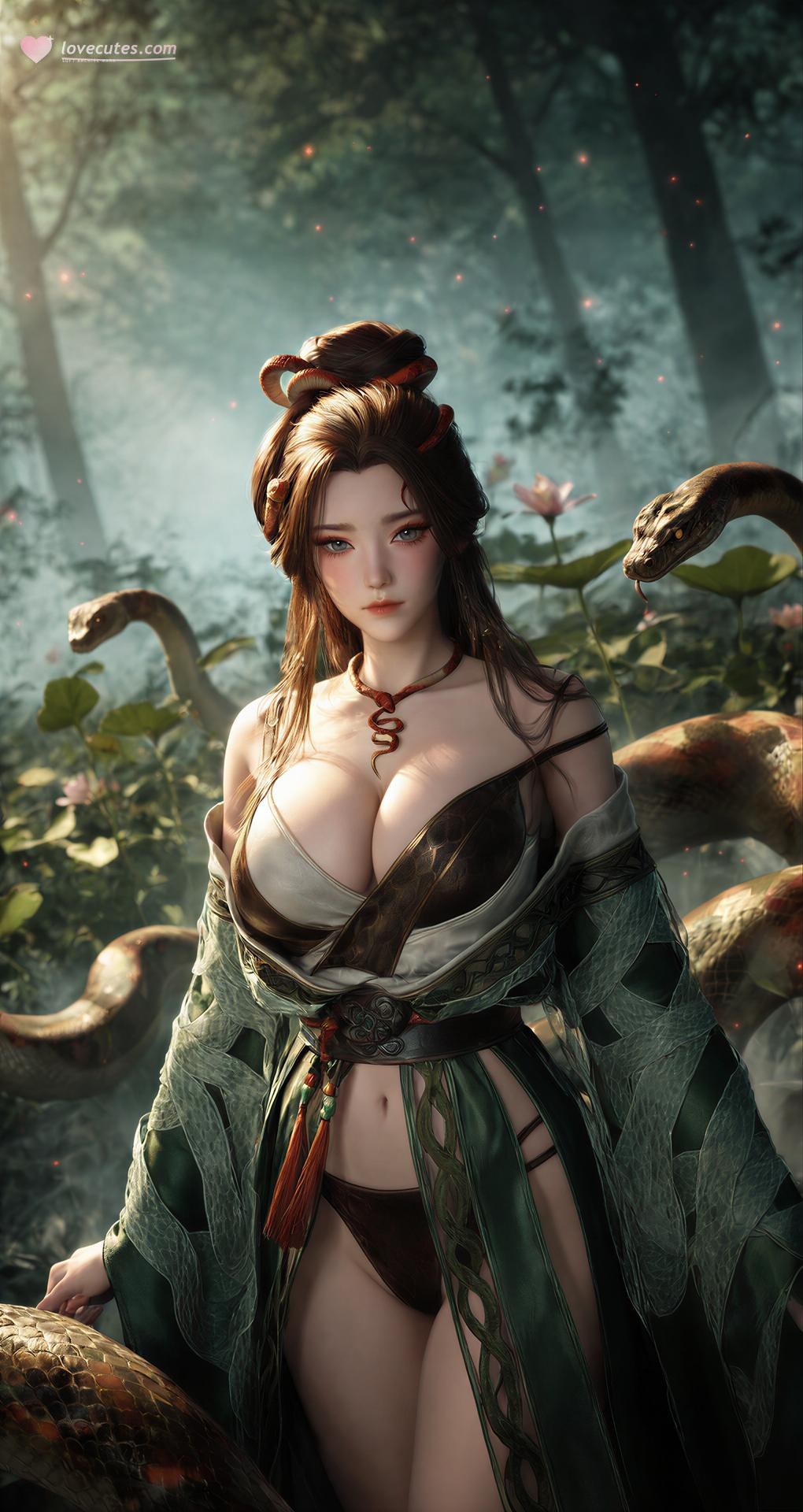 AI Porn - 용교남 숲 뱀 모티브 고전의상 상반신 노출 숲 장면, 뱀 모티브 고전의상, 상반신 노출 AI 이미지 갤러리 162P