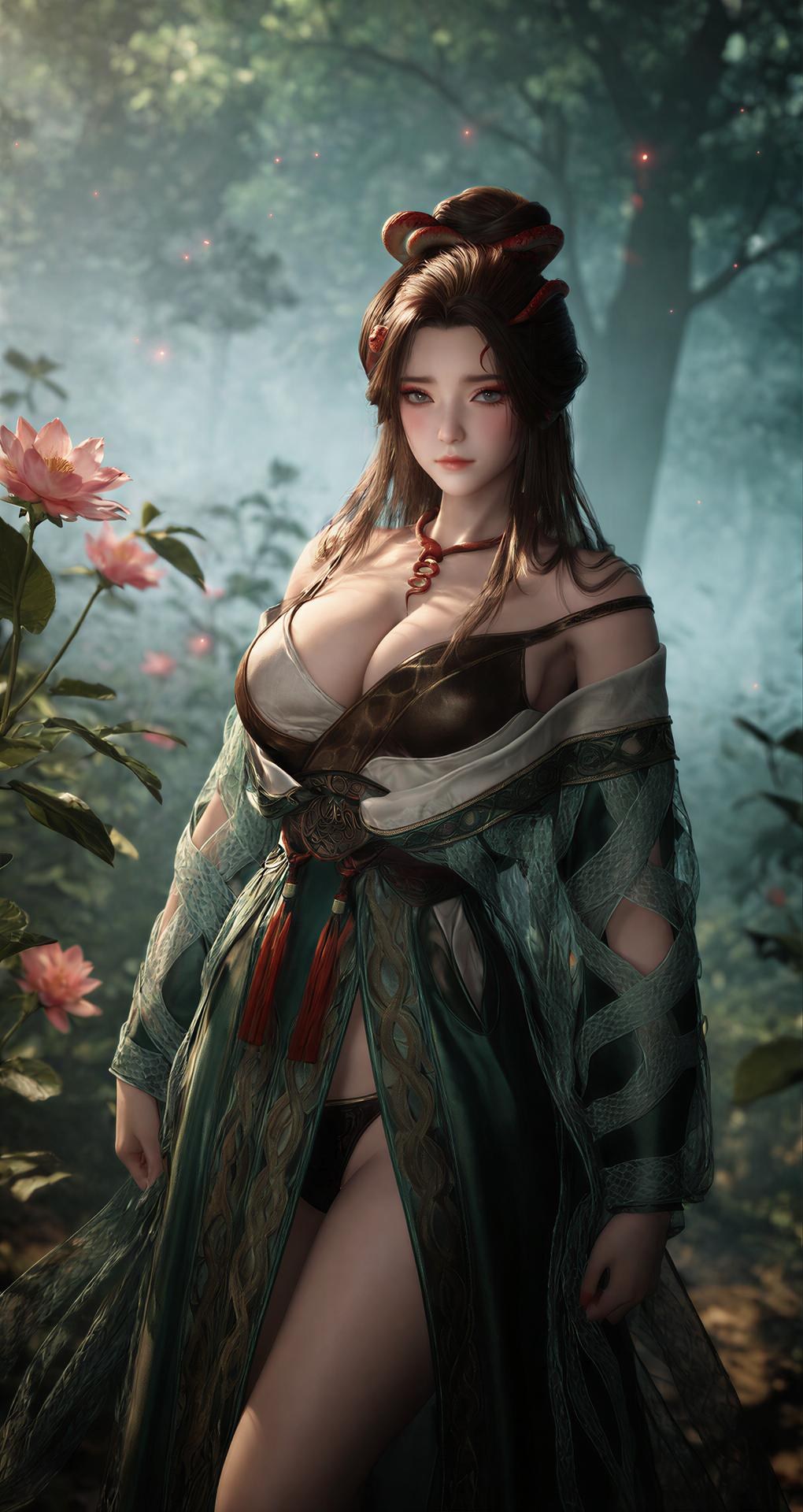 AI Porn - 용교남 숲 뱀 모티브 고전의상 상반신 노출 숲 장면, 뱀 모티브 고전의상, 상반신 노출 AI 이미지 갤러리 162P