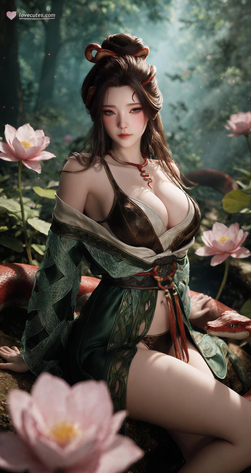AI Porn - 용교남 숲 뱀 모티브 고전의상 상반신 노출 숲 장면, 뱀 모티브 고전의상, 상반신 노출 AI 이미지 갤러리 162P