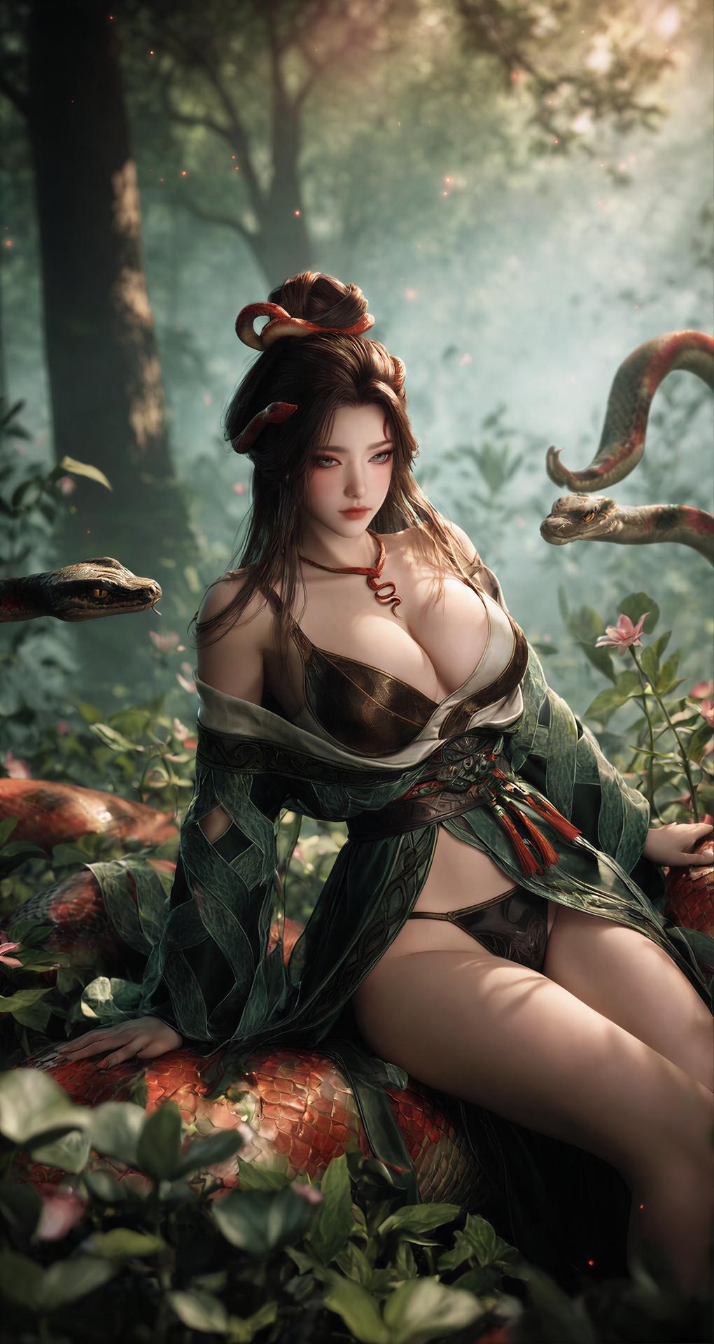 AI Porn - Long Jiaonan rừng cổ trang họa tiết rắn chi tiết người lớn bối cảnh rừng, cổ trang họa tiết rắn và chi tiết hở ngực bộ sưu tập AI 162P