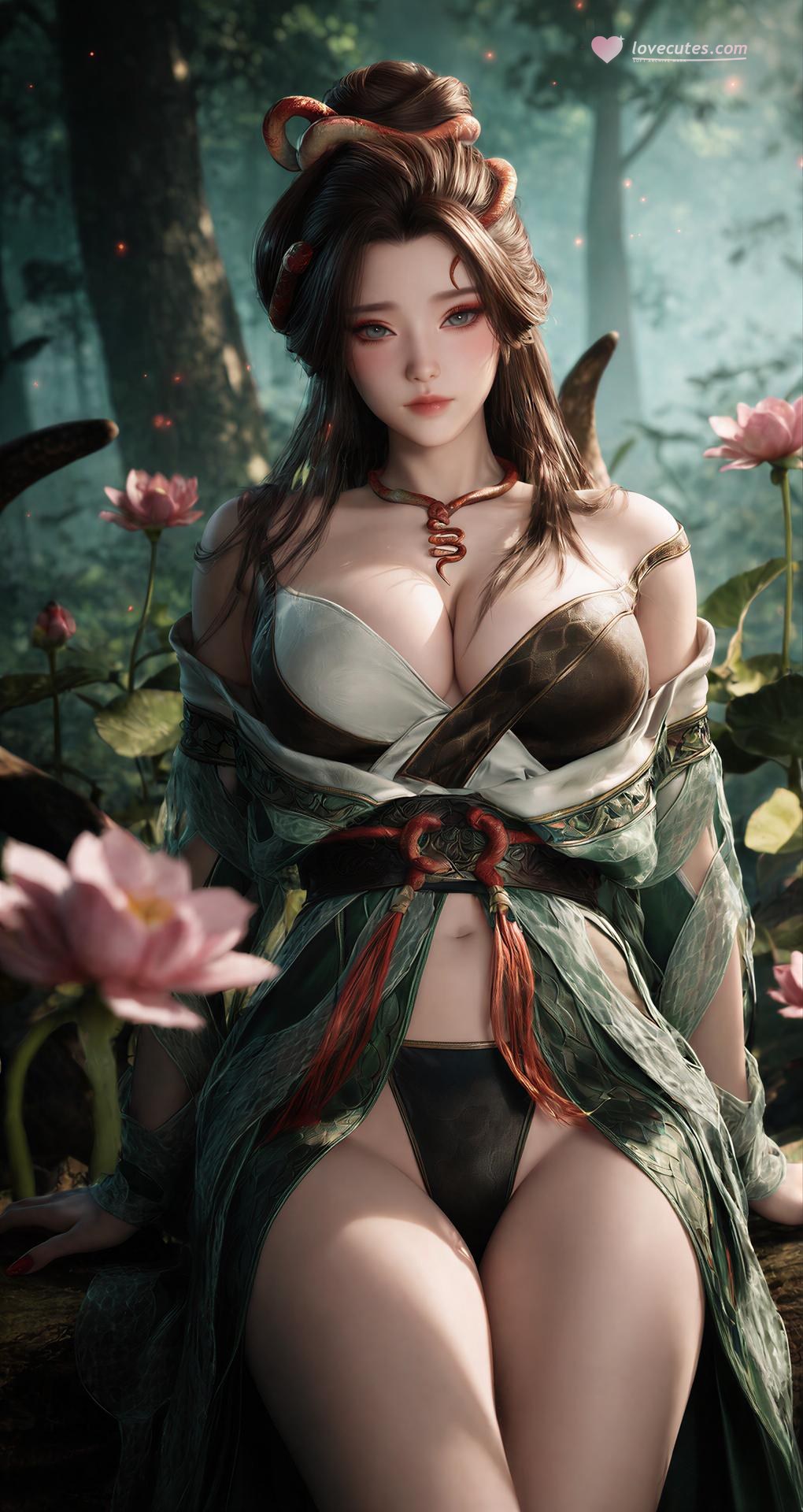 AI Porn - Long Jiaonan rừng cổ trang họa tiết rắn chi tiết người lớn bối cảnh rừng, cổ trang họa tiết rắn và chi tiết hở ngực bộ sưu tập AI 162P