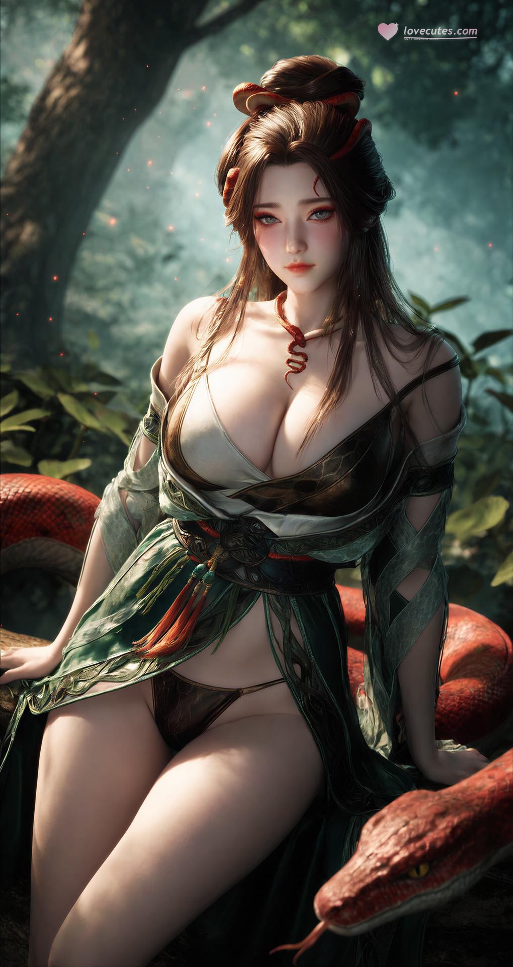 AI Porn - Long Jiaonan rừng cổ trang họa tiết rắn chi tiết người lớn bối cảnh rừng, cổ trang họa tiết rắn và chi tiết hở ngực bộ sưu tập AI 162P