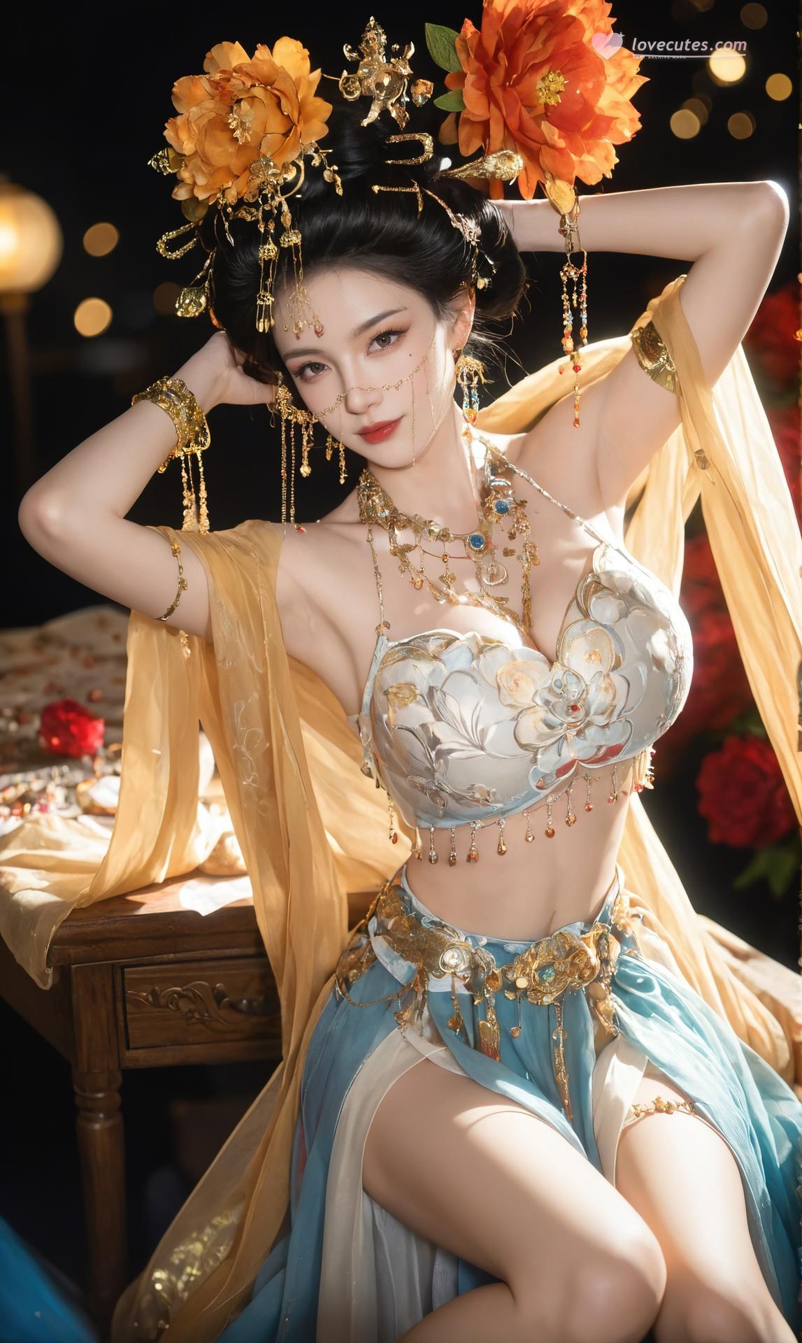 AI Porn - Yanyun Zuihuayin golden costume explicit nude golden costume styling, bedroom poses, explicit nude detail AI Adult Gallery 284P
