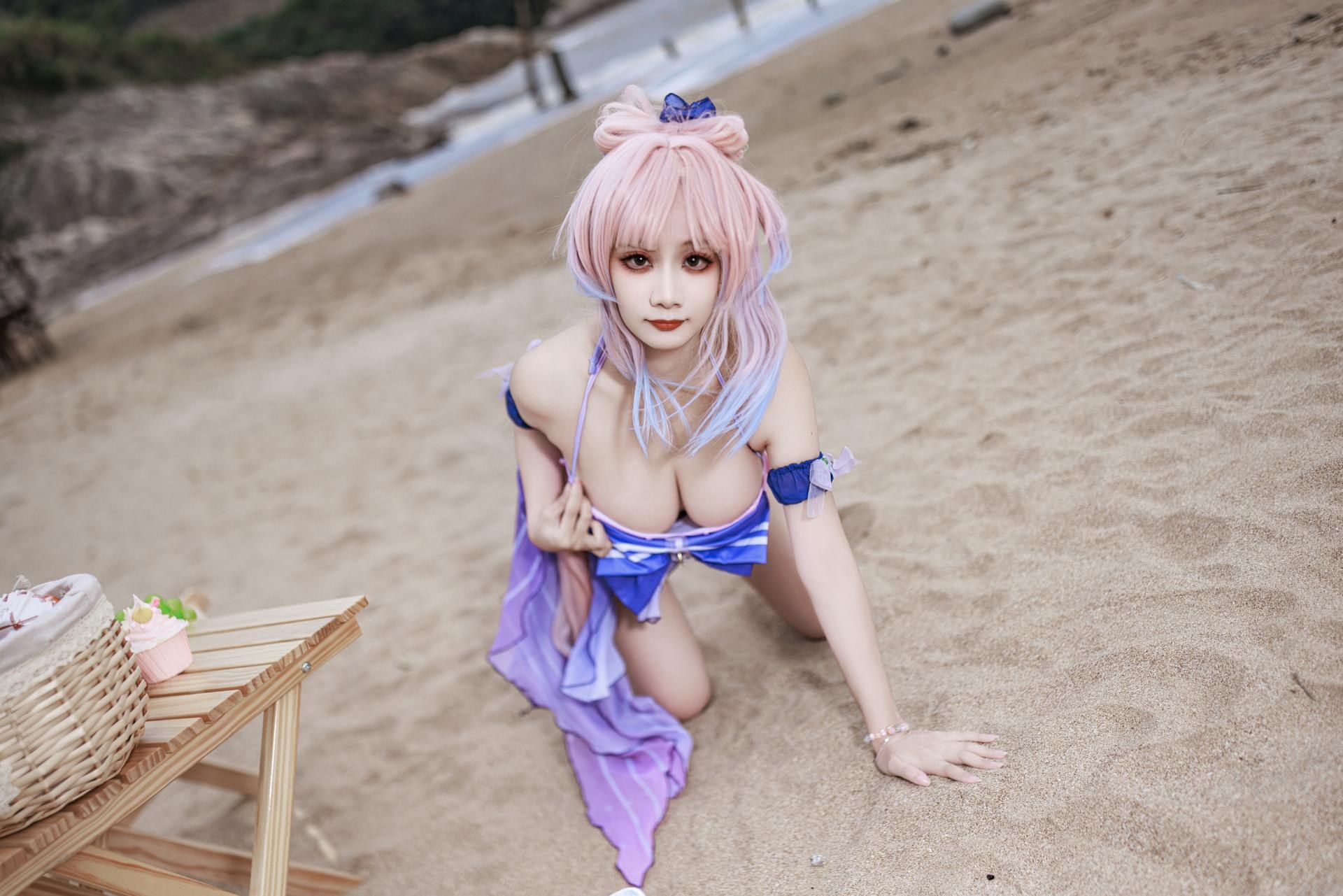 [cosplay] 阿雪雪 - 原神 珊瑚宫心海：原神 珊瑚宫心海 泳装角色還原美腿 56P