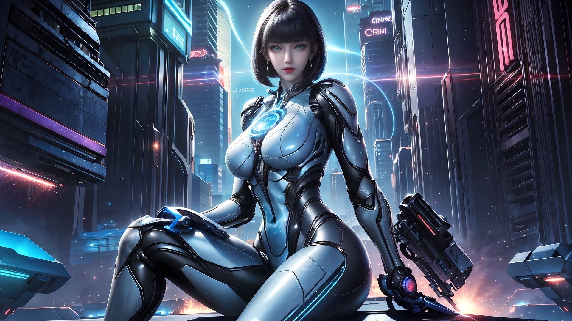 AI Generated Anime Girl - 姬青 メカボディスーツ都市夜景画像集 77P