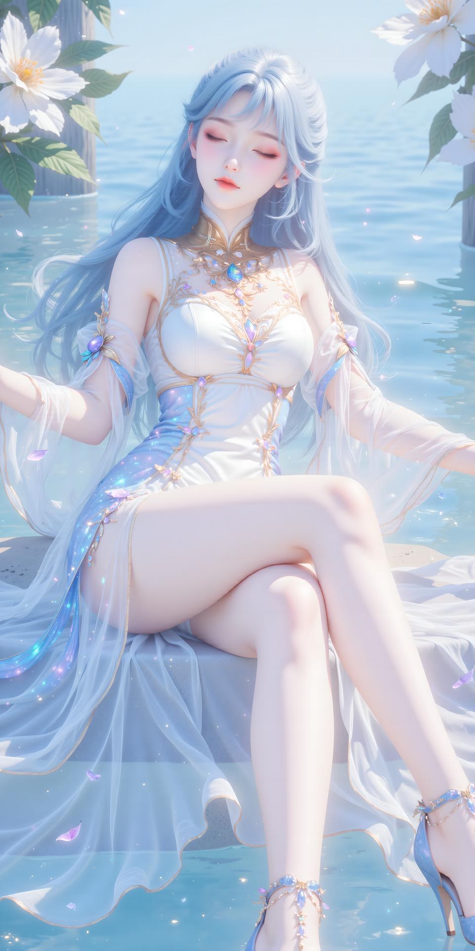 AI Generated Anime Girl - 絶世唐門 唐舞桐 白ドレス水辺画像集 24P