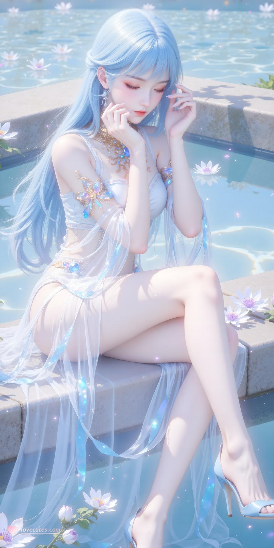 AI Generated Anime Girl - 絶世唐門 唐舞桐 白ドレス水辺画像集 24P
