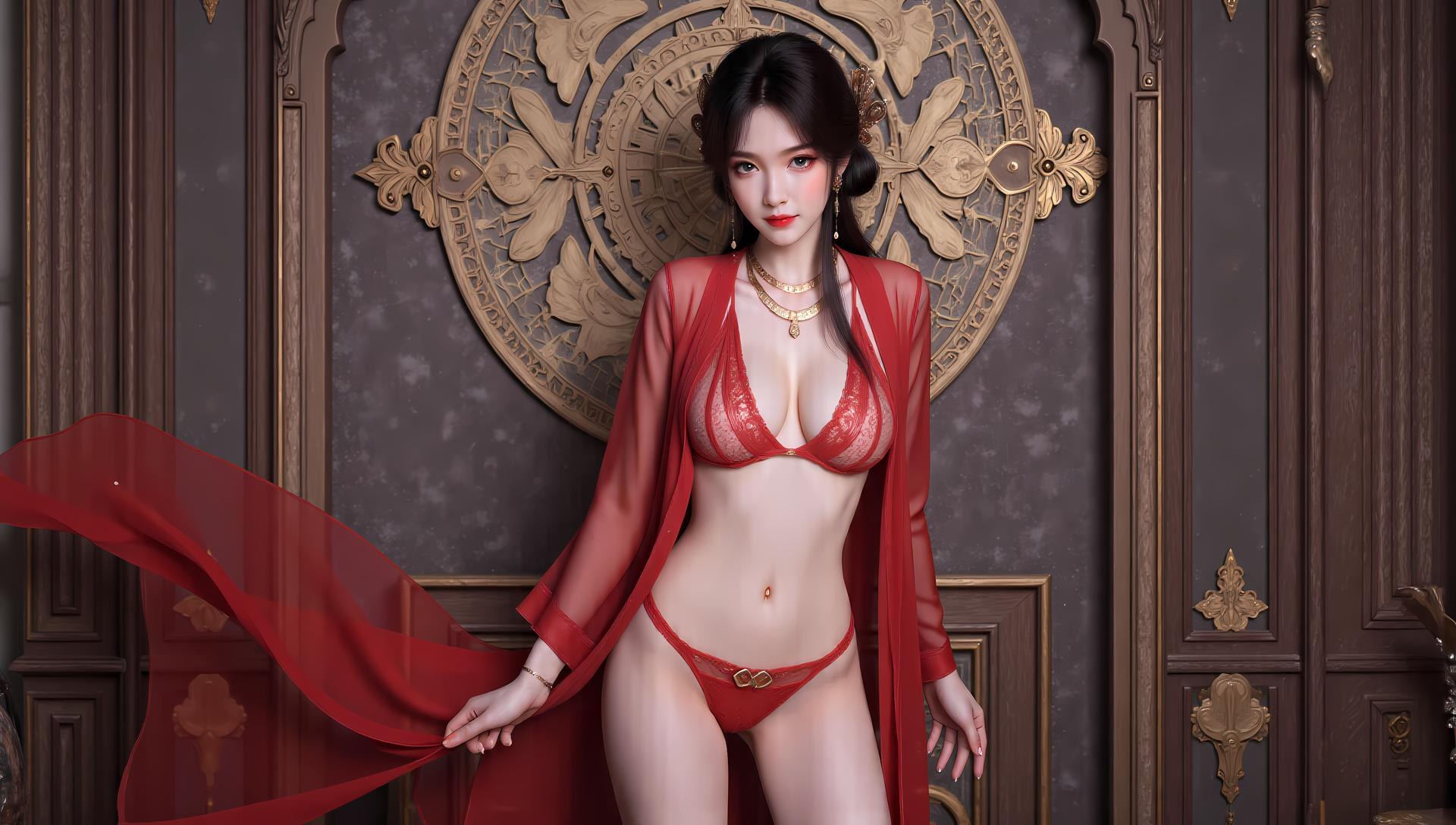 AI Generated Anime Girl - Mei Ning Red Purple Lingerie Swimsuit Gallery 83P