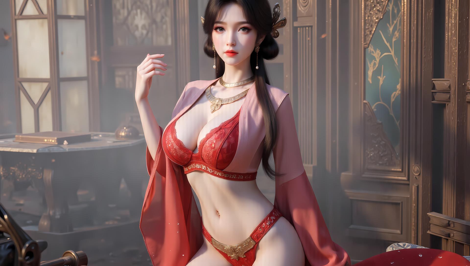 AI Generated Anime Girl - Mei Ning Red Purple Lingerie Swimsuit Gallery 83P