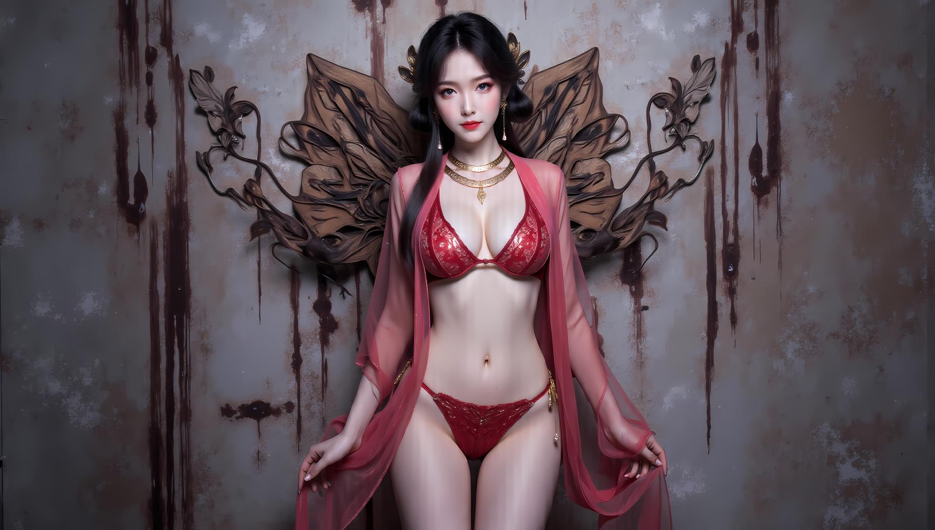 AI Generated Anime Girl - Mei Ning Red Purple Lingerie Swimsuit Gallery 83P
