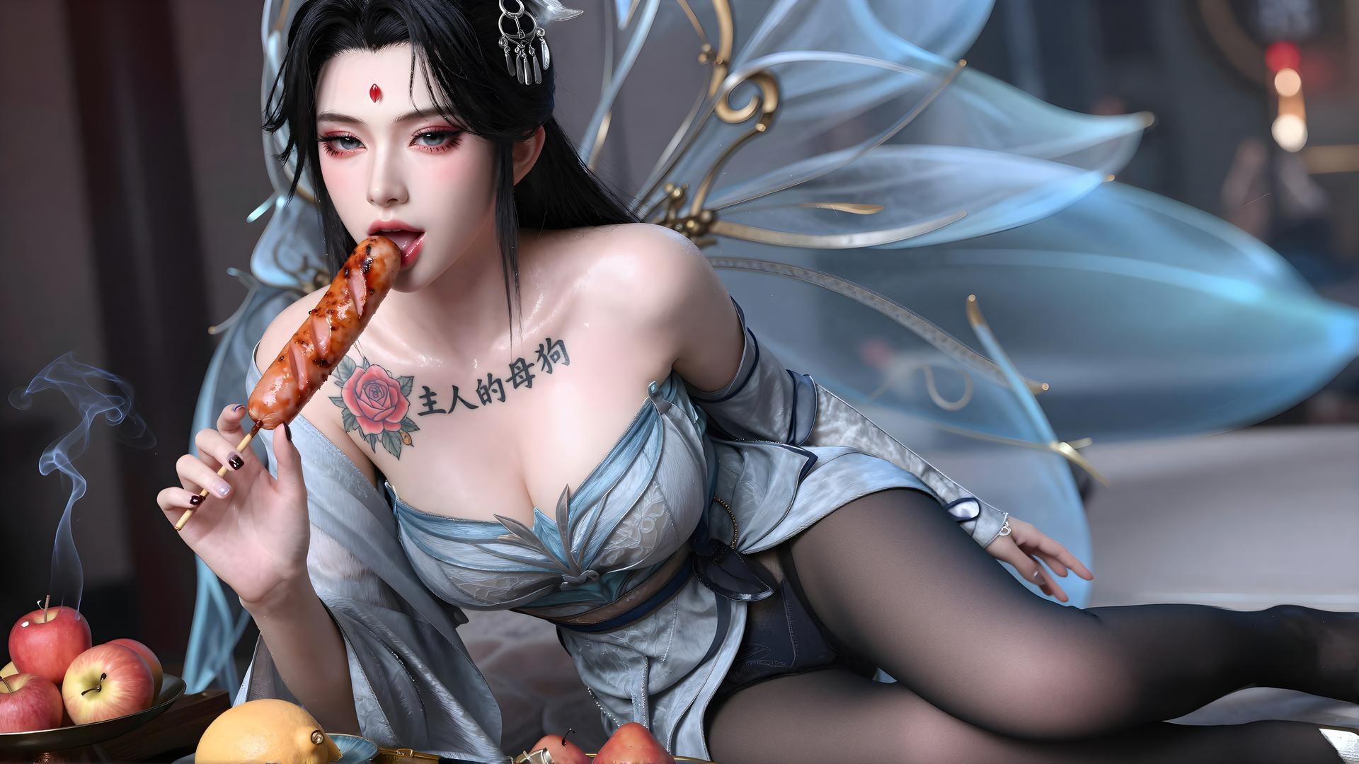 AI Generated Anime Girl - Qing Xianzi Blue Veil Black Stockings 59P