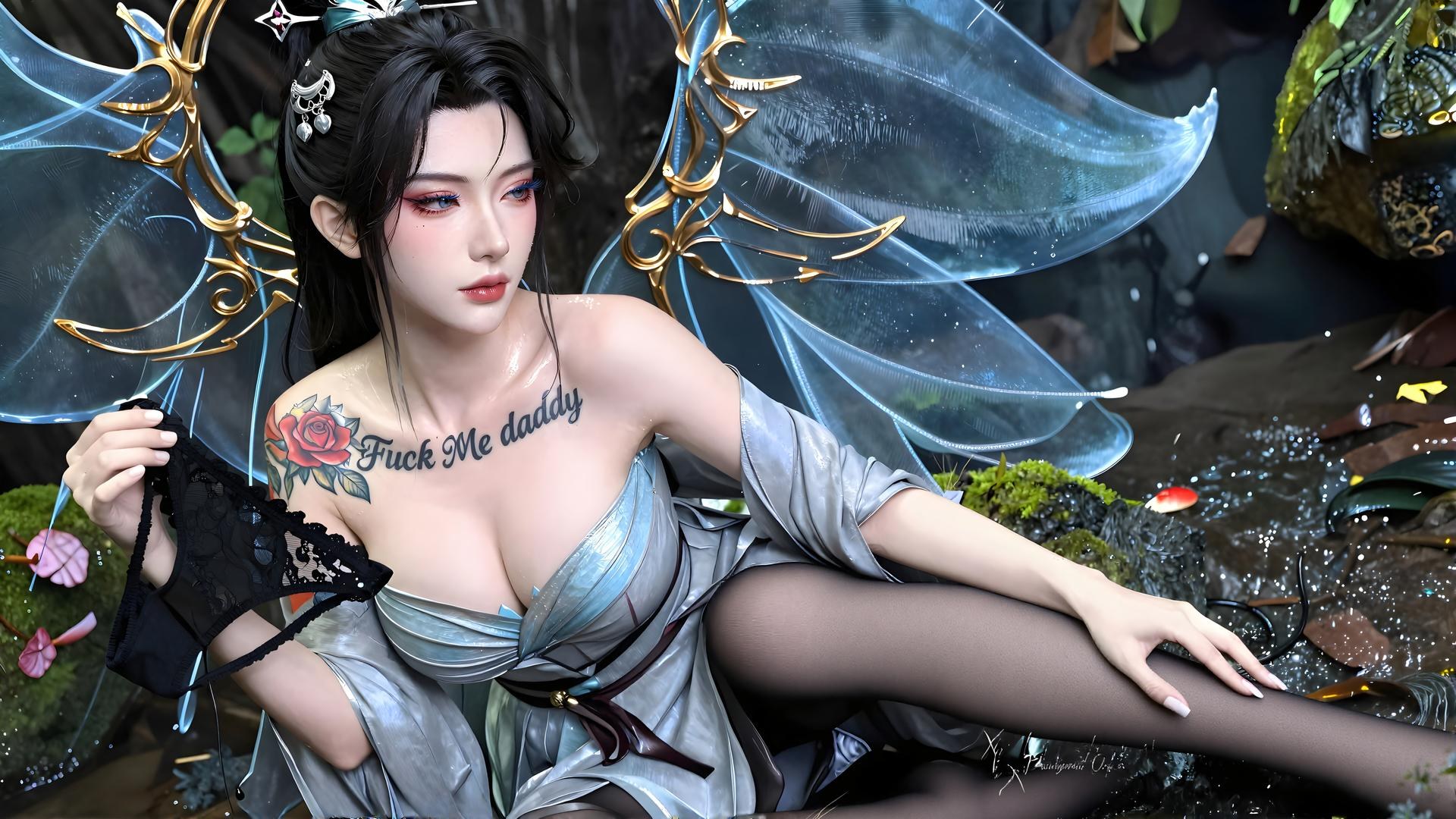 AI Generated Anime Girl - Qing Xianzi Blue Veil Black Stockings 59P