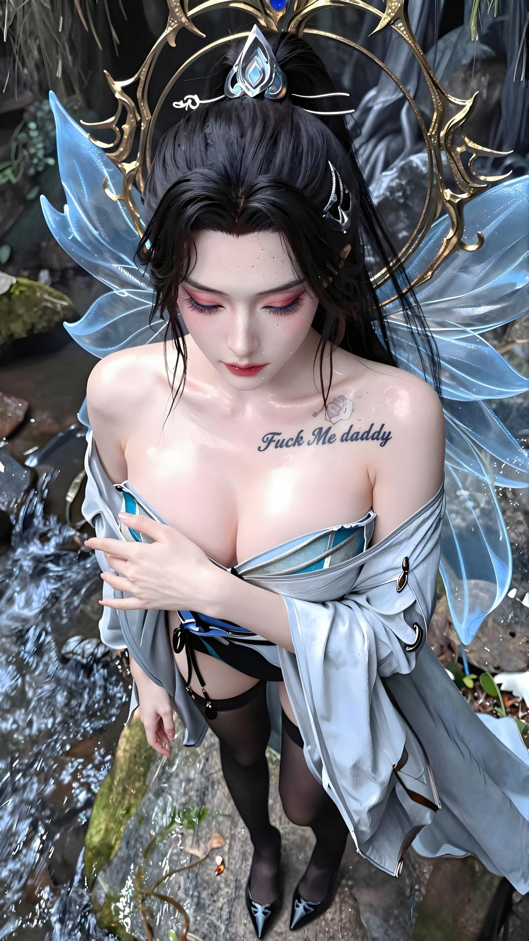 AI Generated Anime Girl - Qing Xianzi Blue Veil Black Stockings 59P