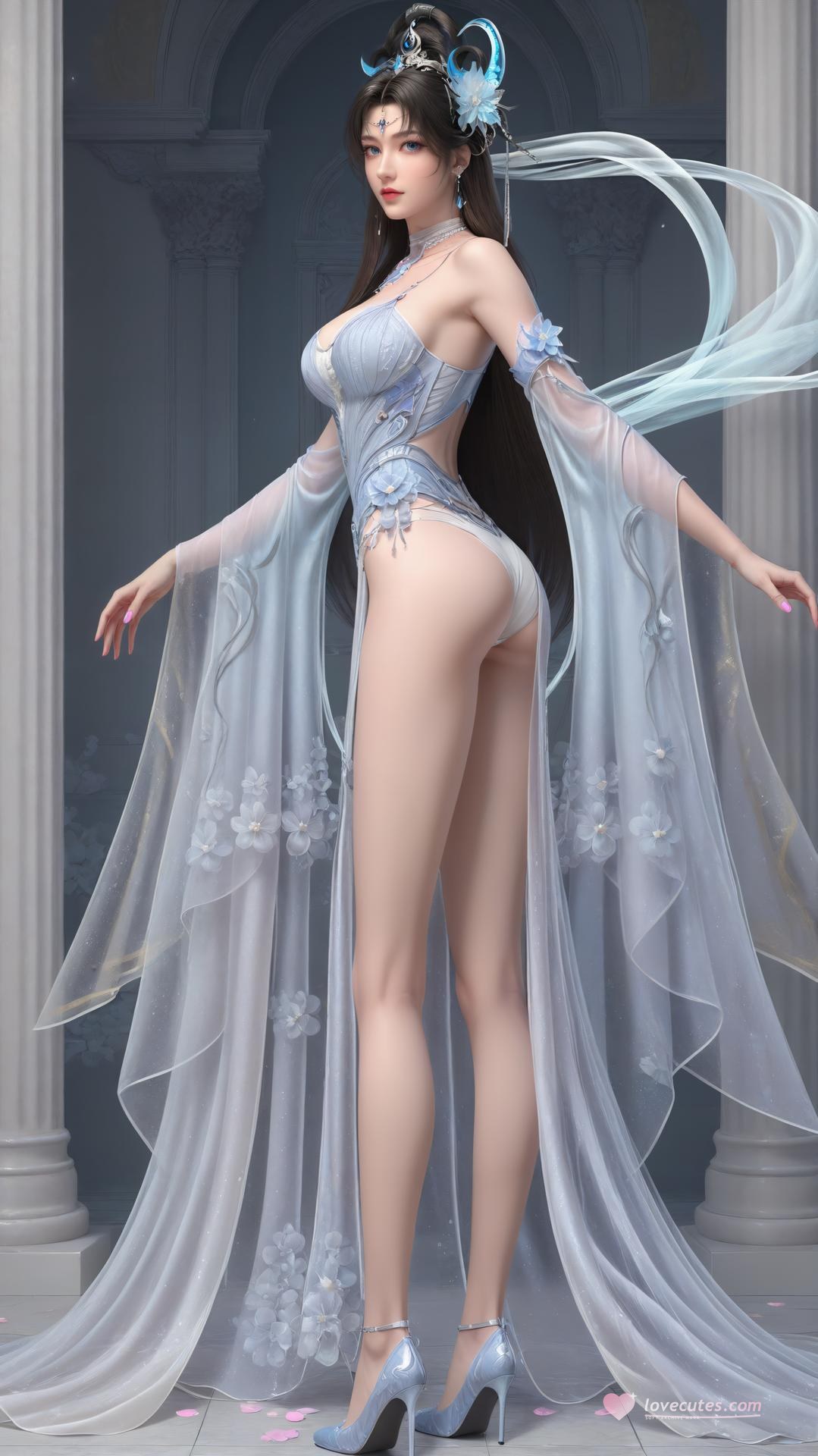 AI Generated Anime Girl - 완미세계 요청공주 화이트 블루 선녀 드레스 호숫가 흰 스타킹 갤러리 상편 250P