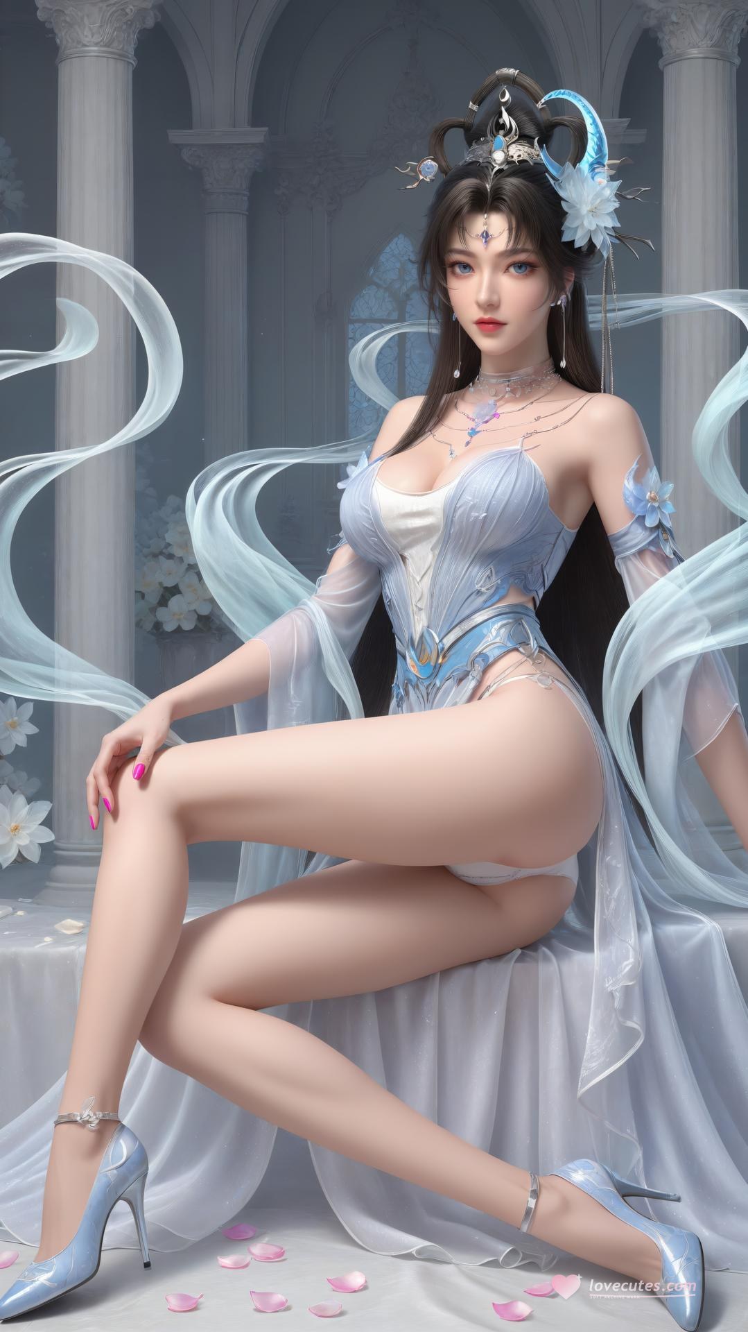 AI Generated Anime Girl - 완미세계 요청공주 화이트 블루 선녀 드레스 호숫가 흰 스타킹 갤러리 상편 250P