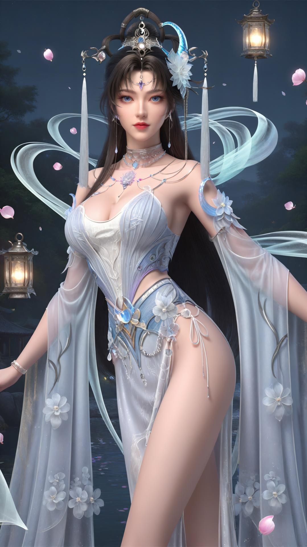AI Generated Anime Girl - 완미세계 요청공주 화이트 블루 선녀 드레스 호숫가 흰 스타킹 갤러리 상편 250P