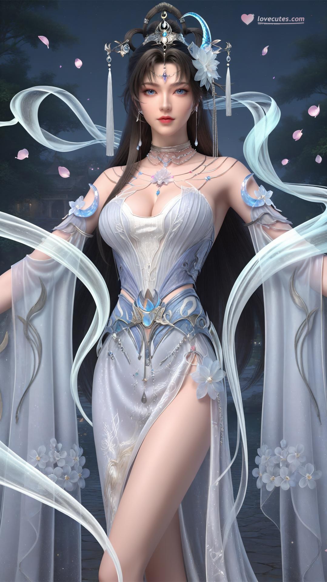 AI Generated Anime Girl - 완미세계 요청공주 화이트 블루 선녀 드레스 호숫가 흰 스타킹 갤러리 상편 250P