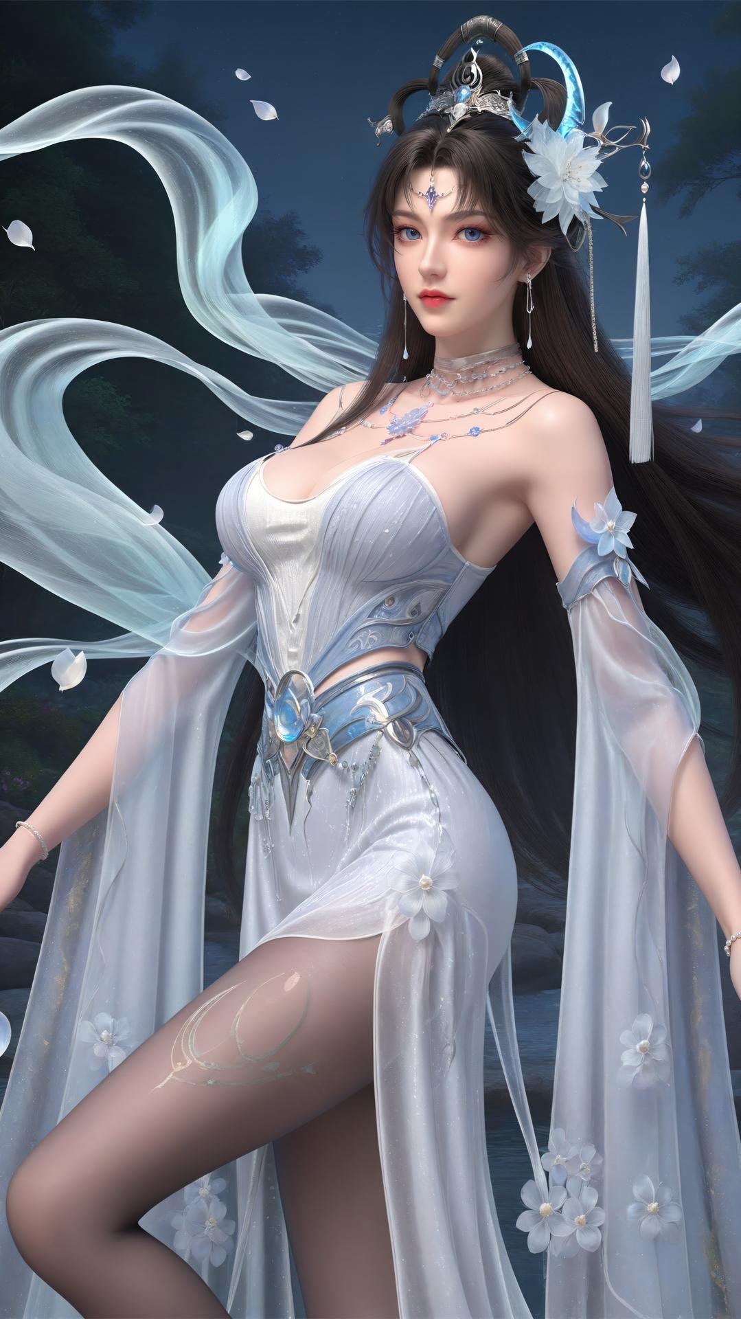 AI Generated Anime Girl - 완미세계 요청공주 화이트 블루 선녀 드레스 호숫가 흰 스타킹 갤러리 상편 250P