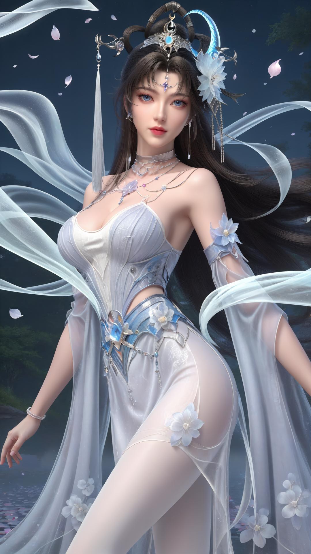 AI Generated Anime Girl - 완미세계 요청공주 화이트 블루 선녀 드레스 호숫가 흰 스타킹 갤러리 상편 250P