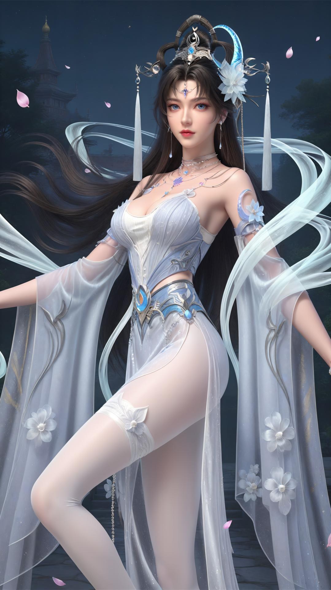 AI Generated Anime Girl - 완미세계 요청공주 화이트 블루 선녀 드레스 호숫가 흰 스타킹 갤러리 상편 250P