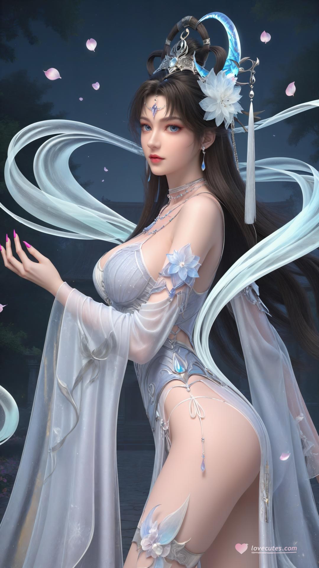 AI Generated Anime Girl - 완미세계 요청공주 화이트 블루 선녀 드레스 호숫가 흰 스타킹 갤러리 상편 250P