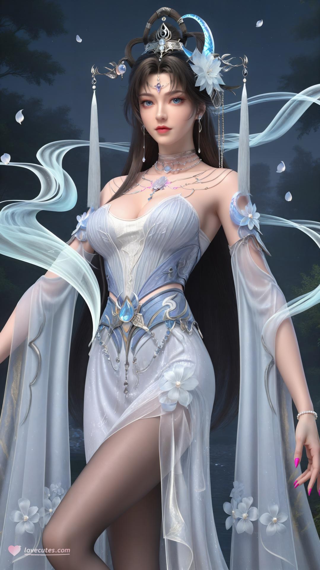 AI Generated Anime Girl - 완미세계 요청공주 화이트 블루 선녀 드레스 호숫가 흰 스타킹 갤러리 상편 250P