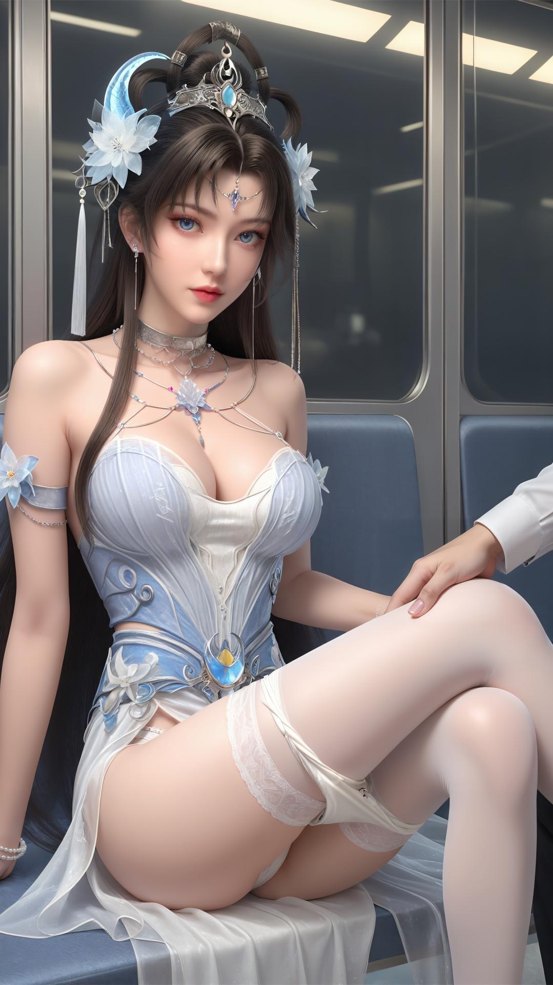 AI Generated Anime Girl - 완미세계 요청공주 화이트 블루 선녀 드레스 호숫가 흰 스타킹 갤러리 상편 250P
