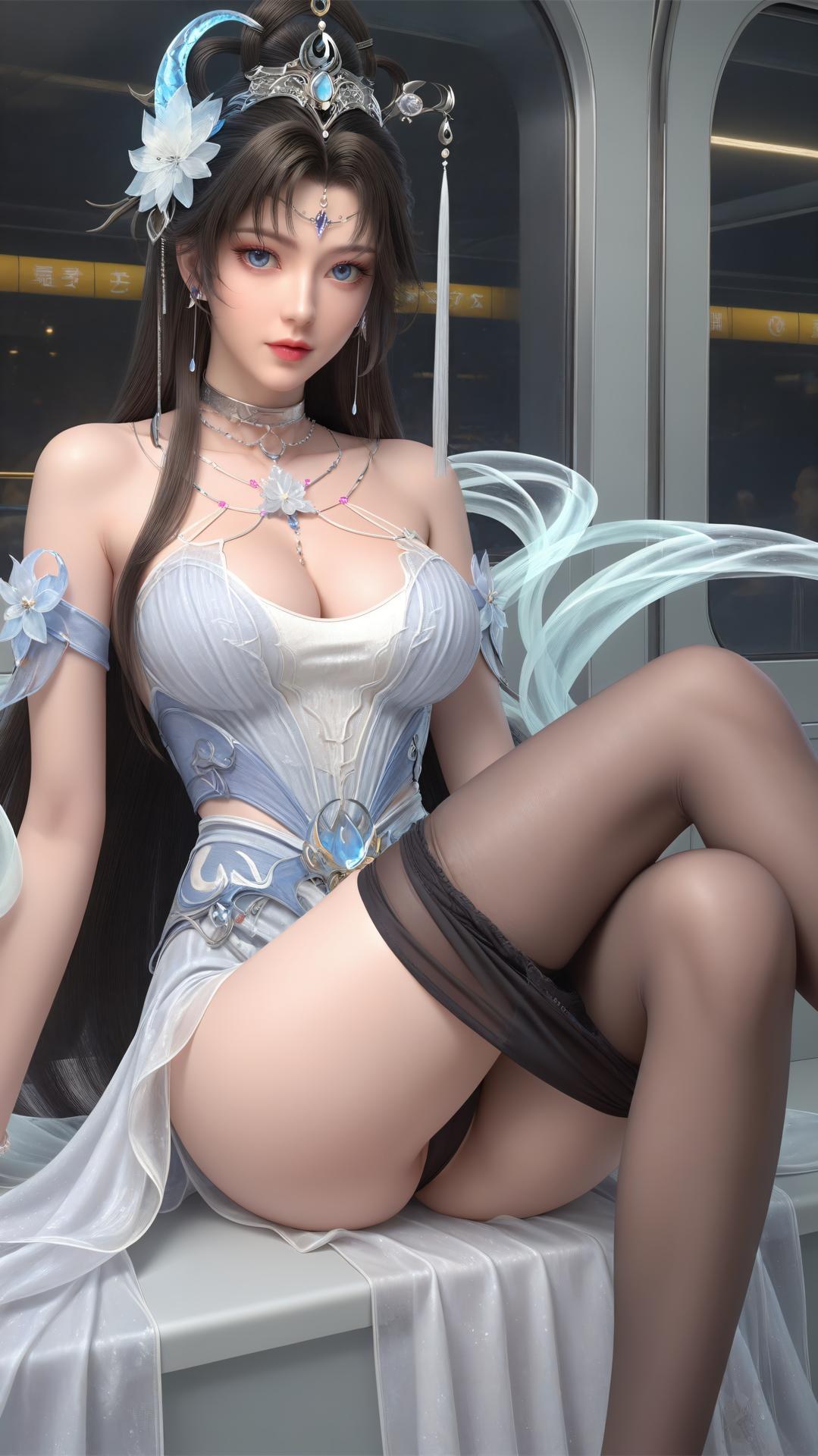 AI Generated Anime Girl - 완미세계 요청공주 화이트 블루 선녀 드레스 호숫가 흰 스타킹 갤러리 상편 250P