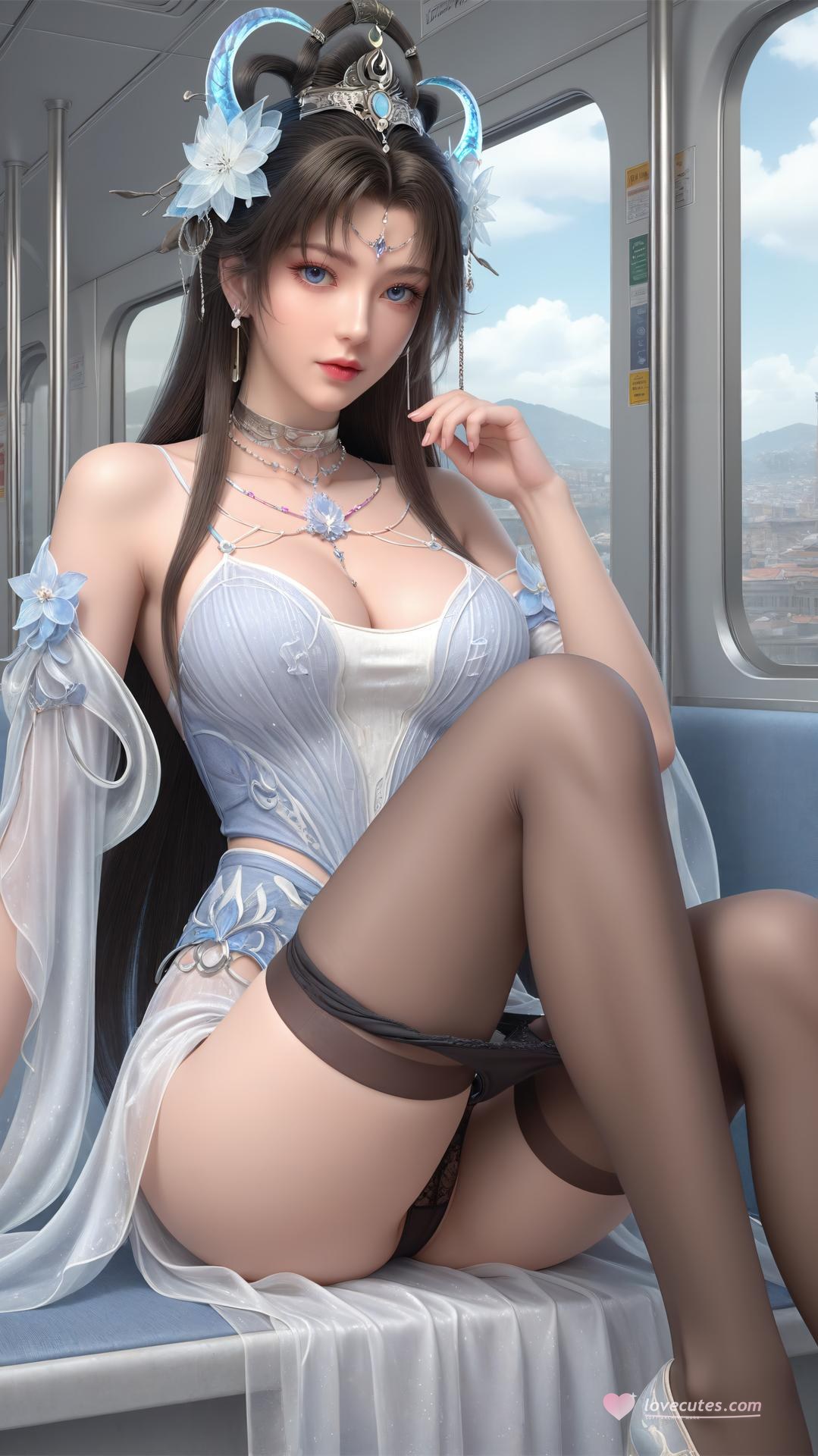 AI Generated Anime Girl - 완미세계 요청공주 화이트 블루 선녀 드레스 호숫가 흰 스타킹 갤러리 상편 250P