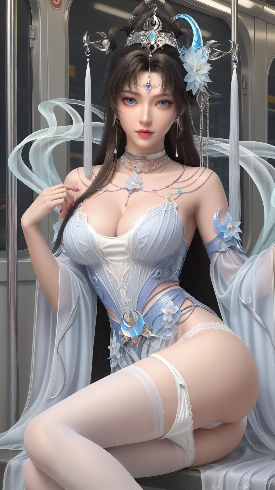 AI Generated Anime Girl - 완미세계 요청공주 화이트 블루 선녀 드레스 호숫가 흰 스타킹 갤러리 상편 250P