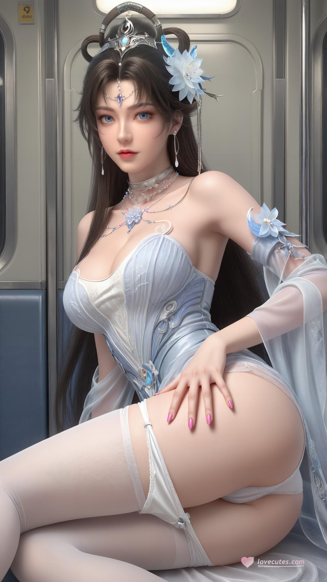 AI Generated Anime Girl - 완미세계 요청공주 화이트 블루 선녀 드레스 호숫가 흰 스타킹 갤러리 상편 250P