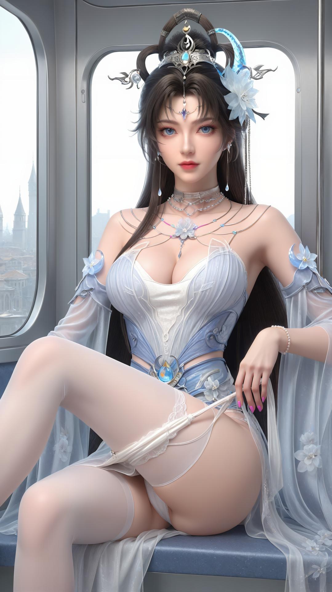 AI Generated Anime Girl - 완미세계 요청공주 화이트 블루 선녀 드레스 호숫가 흰 스타킹 갤러리 상편 250P
