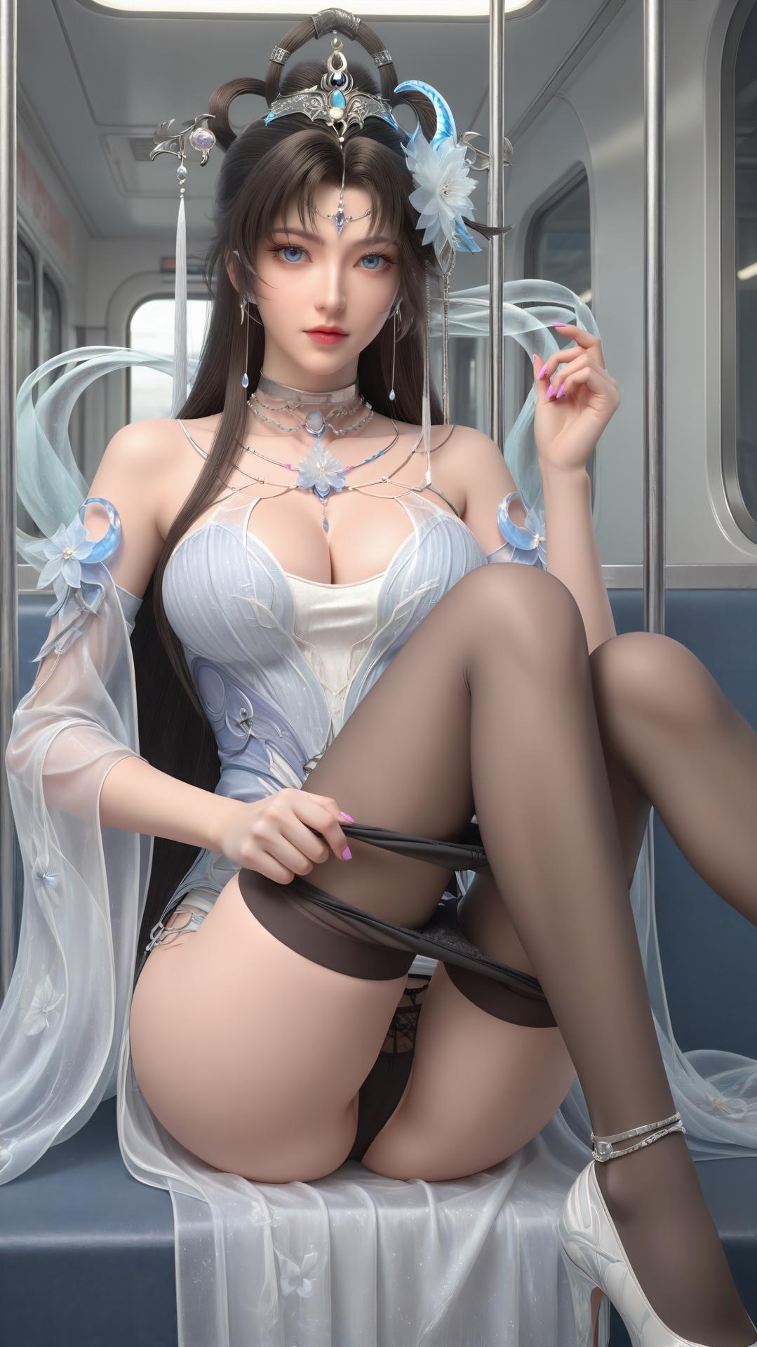 AI Generated Anime Girl - 완미세계 요청공주 화이트 블루 선녀 드레스 호숫가 흰 스타킹 갤러리 상편 250P