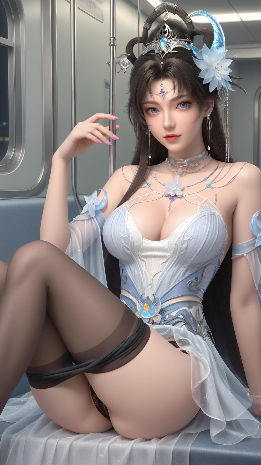 AI Generated Anime Girl - Công chúa Yaoyue Perfect World váy tiên trắng xanh bên hồ tất trắng phần đầu 250P