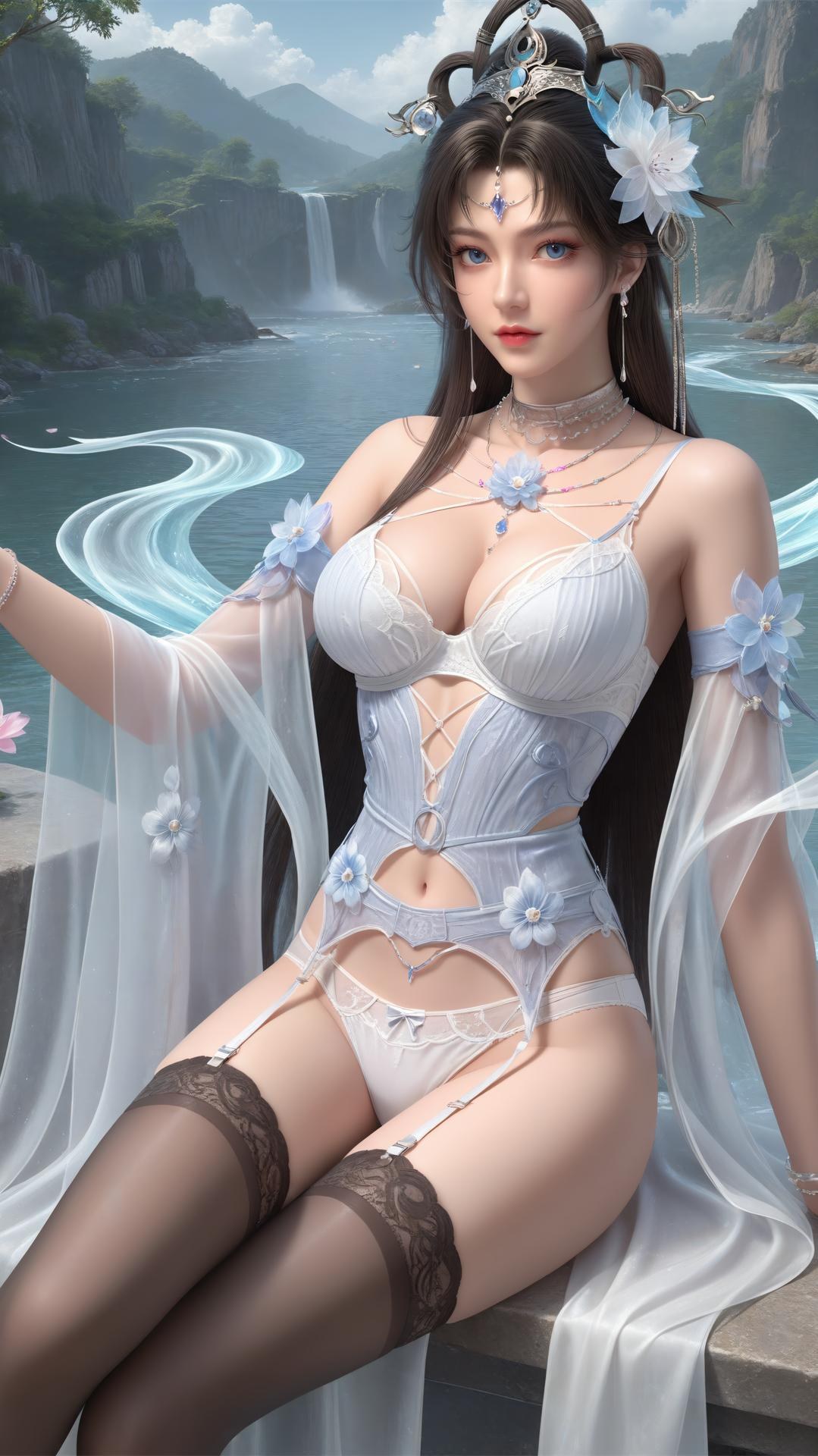 AI Generated Anime Girl - Perfect World Yaoyue Princess Blue-White Lakeside Stockings Gallery Vol. 1 250P