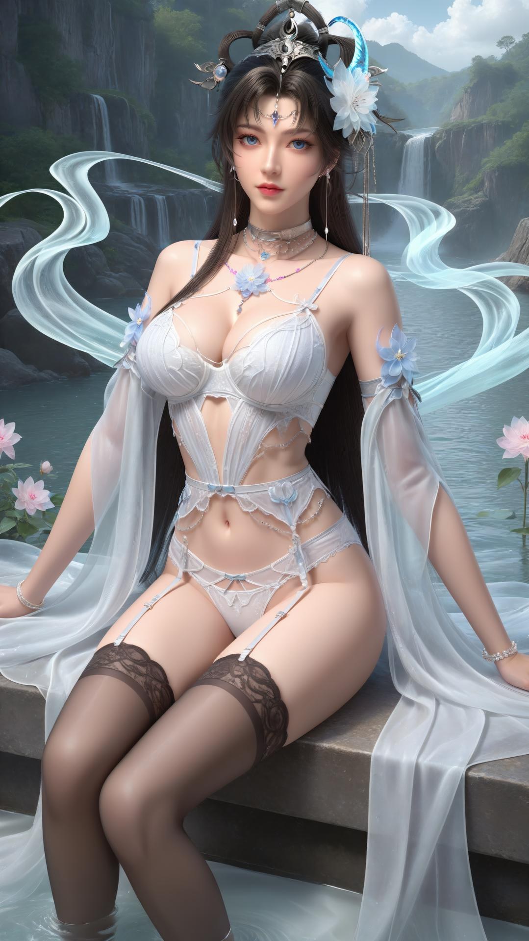 AI Generated Anime Girl - Perfect World Yaoyue Princess Blue-White Lakeside Stockings Gallery Vol. 1 250P