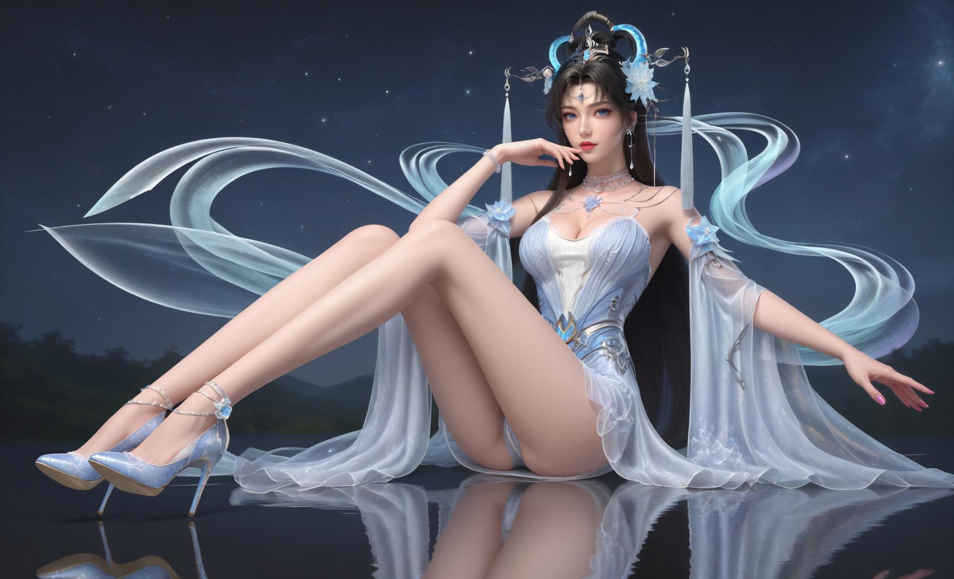 AI Generated Anime Girl - パーフェクトワールド邀月公主 白青仙女ドレス湖畔白スト画像集 上篇 250P