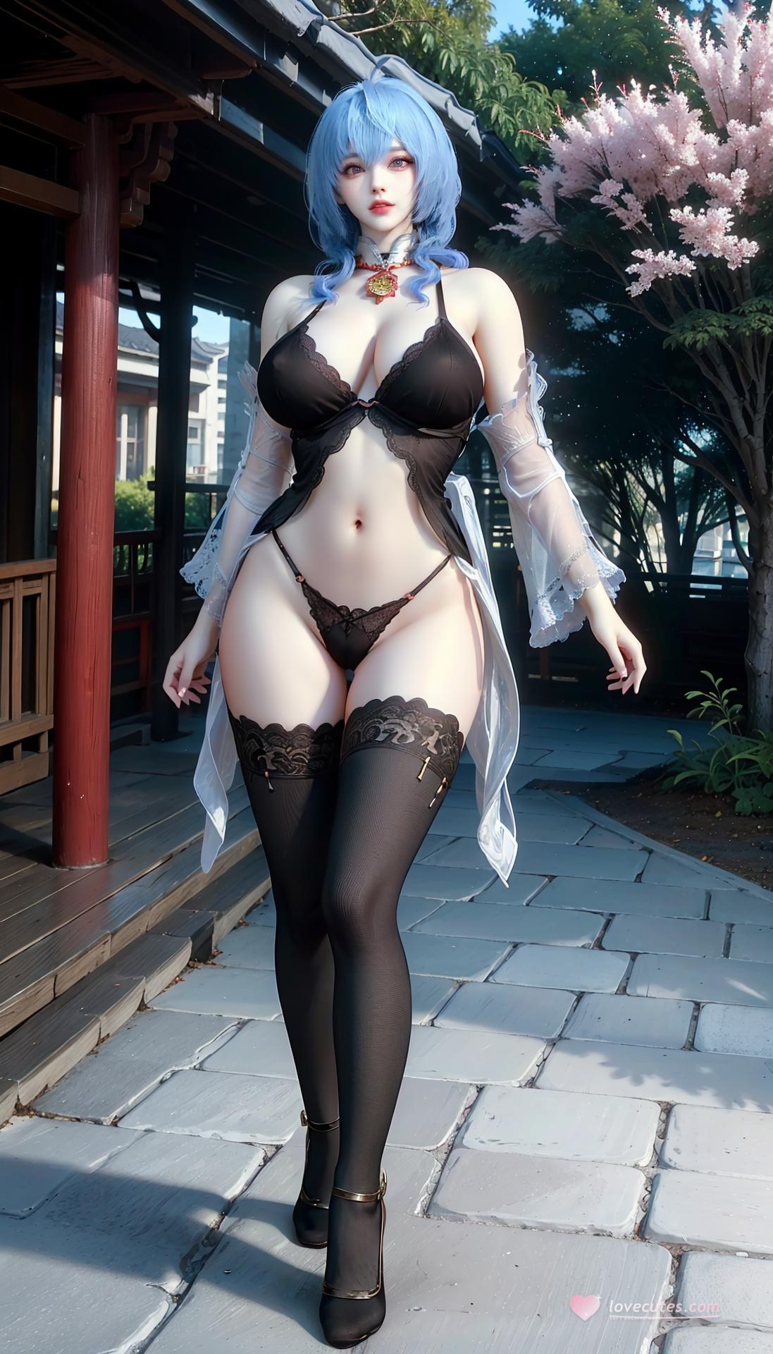 AI Generated Anime Girl - 原神 甘雨：黑色蕾絲內衣黑絲湖畔圖集 147P