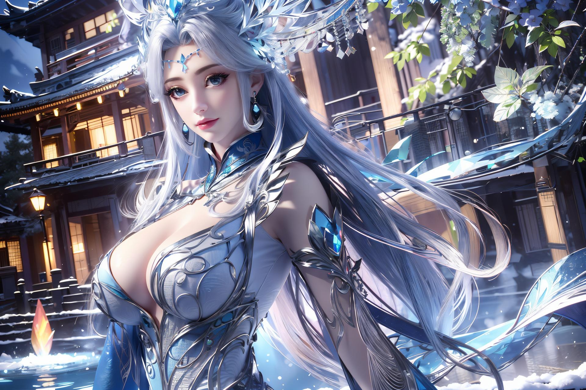AI Nudes - Ning Yudie Silver Hair Blue Dress Water Garden 75P