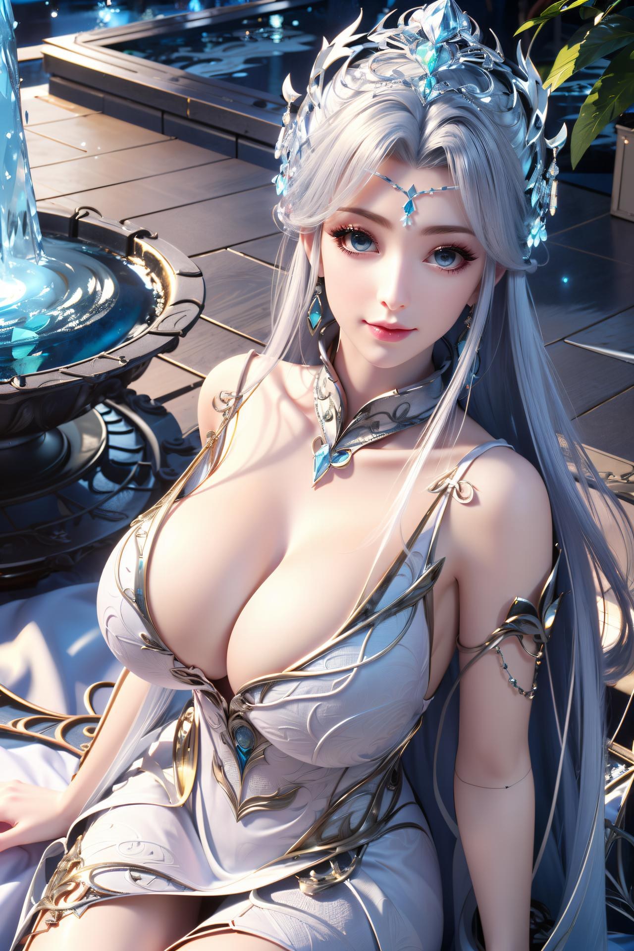 AI Nudes - Ning Yudie Silver Hair Blue Dress Water Garden 75P