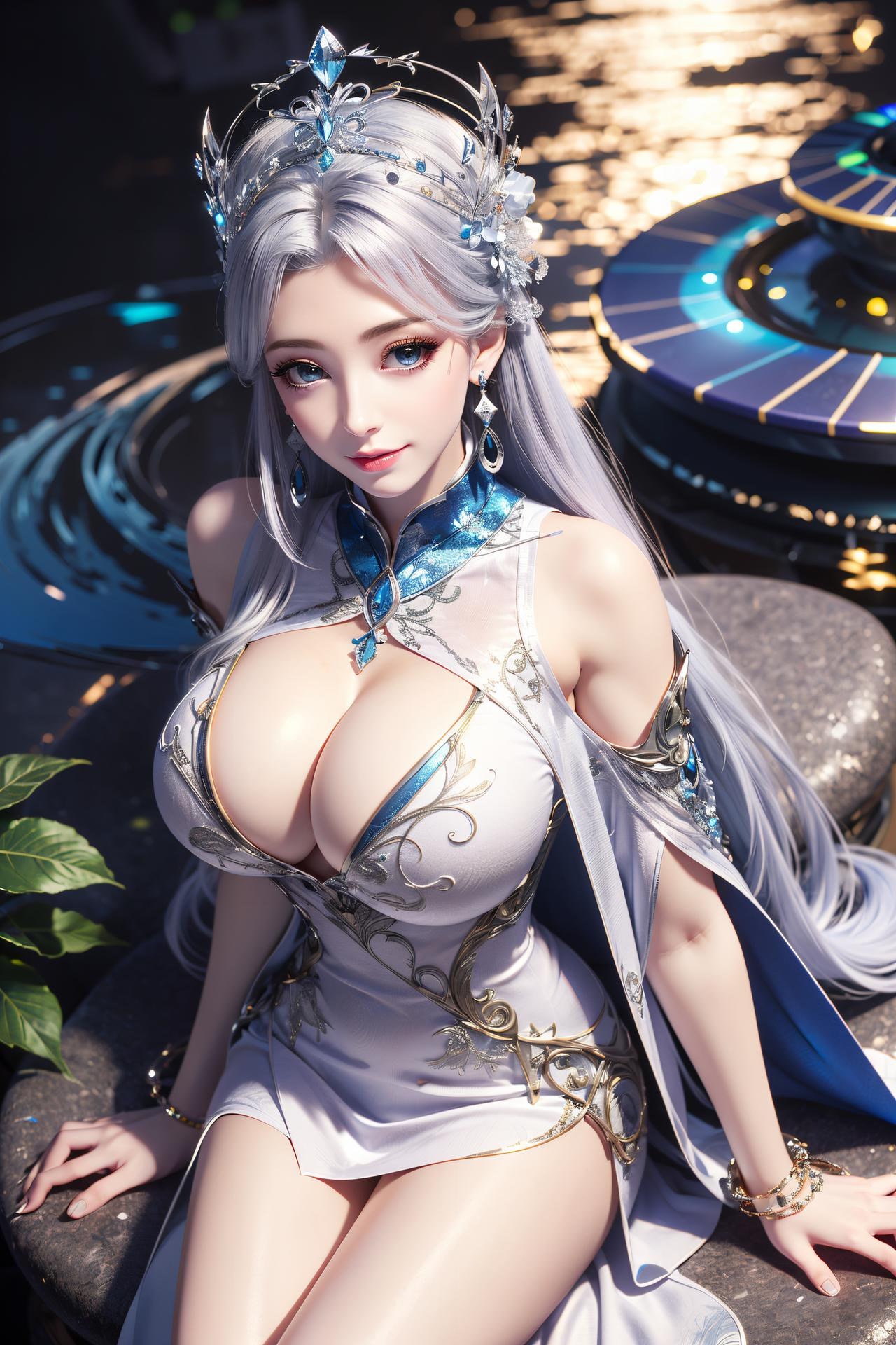 AI Nudes - Ning Yudie Silver Hair Blue Dress Water Garden 75P