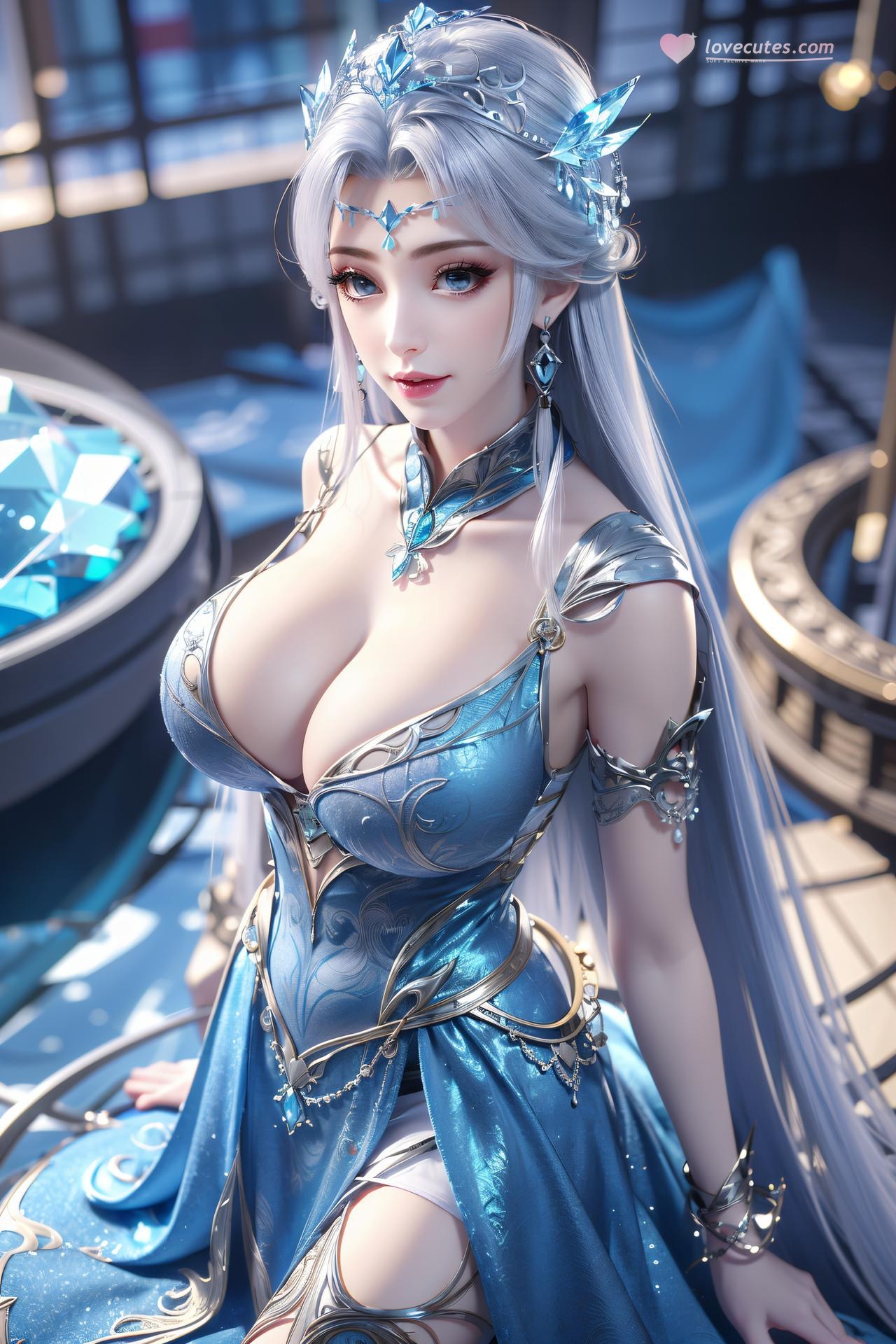 AI Nudes - Ning Yudie Silver Hair Blue Dress Water Garden 75P