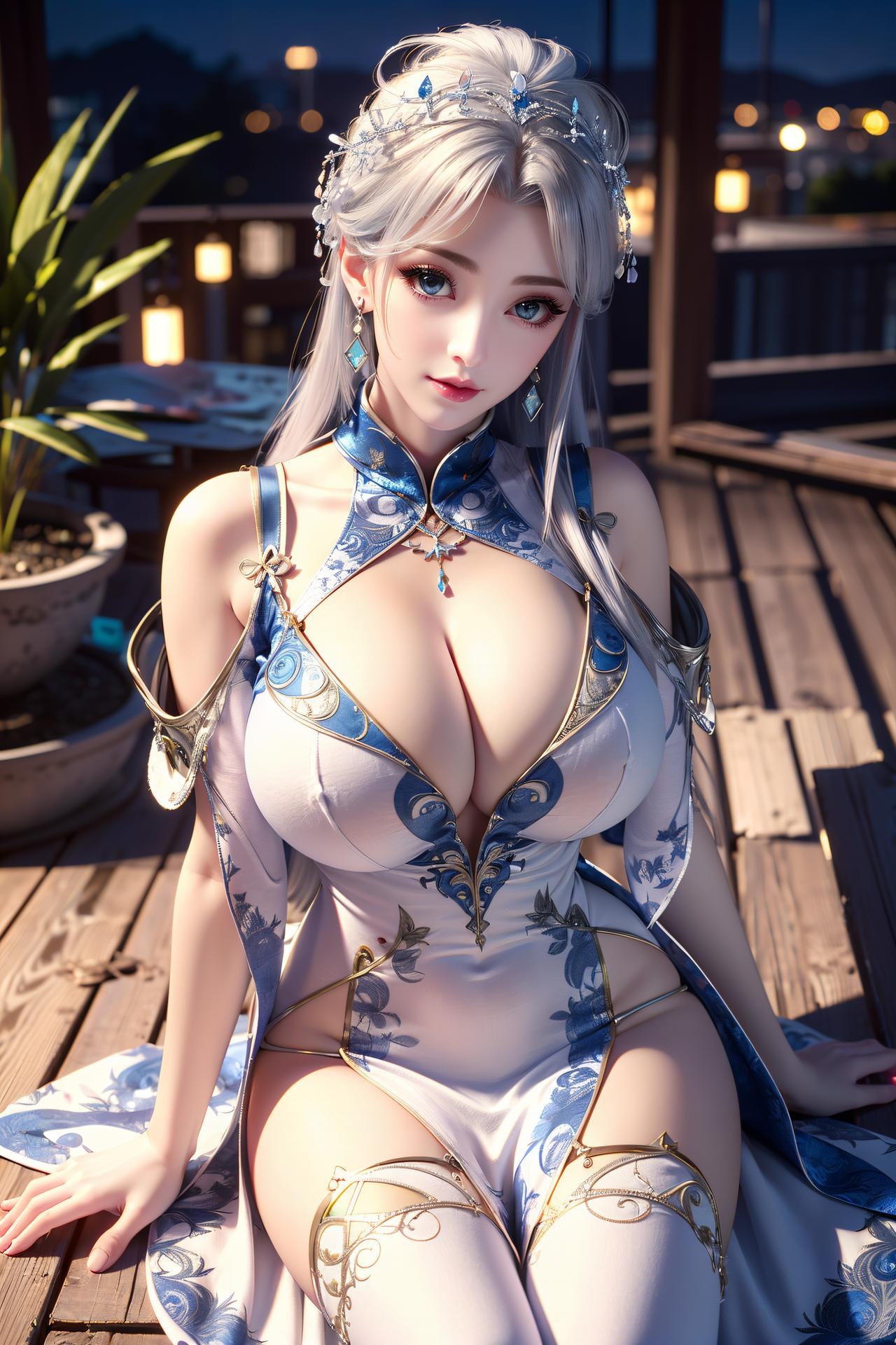 AI Nudes - Ning Yudie Silver Hair Blue Dress Water Garden 75P