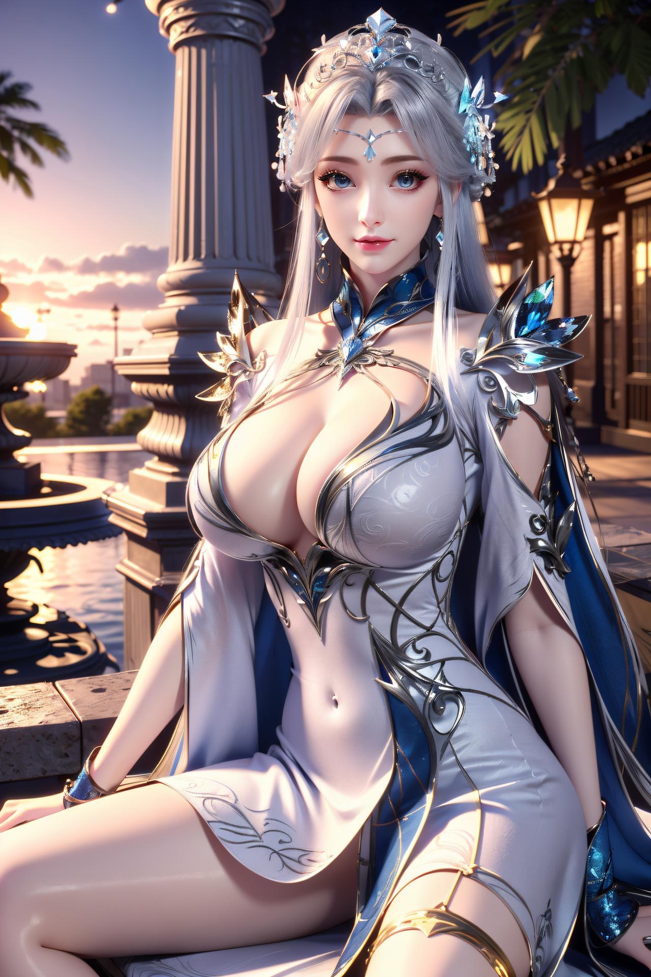 AI Nudes - 寧雨蝶 銀髪青裙水景のAIヌード画像集 75P