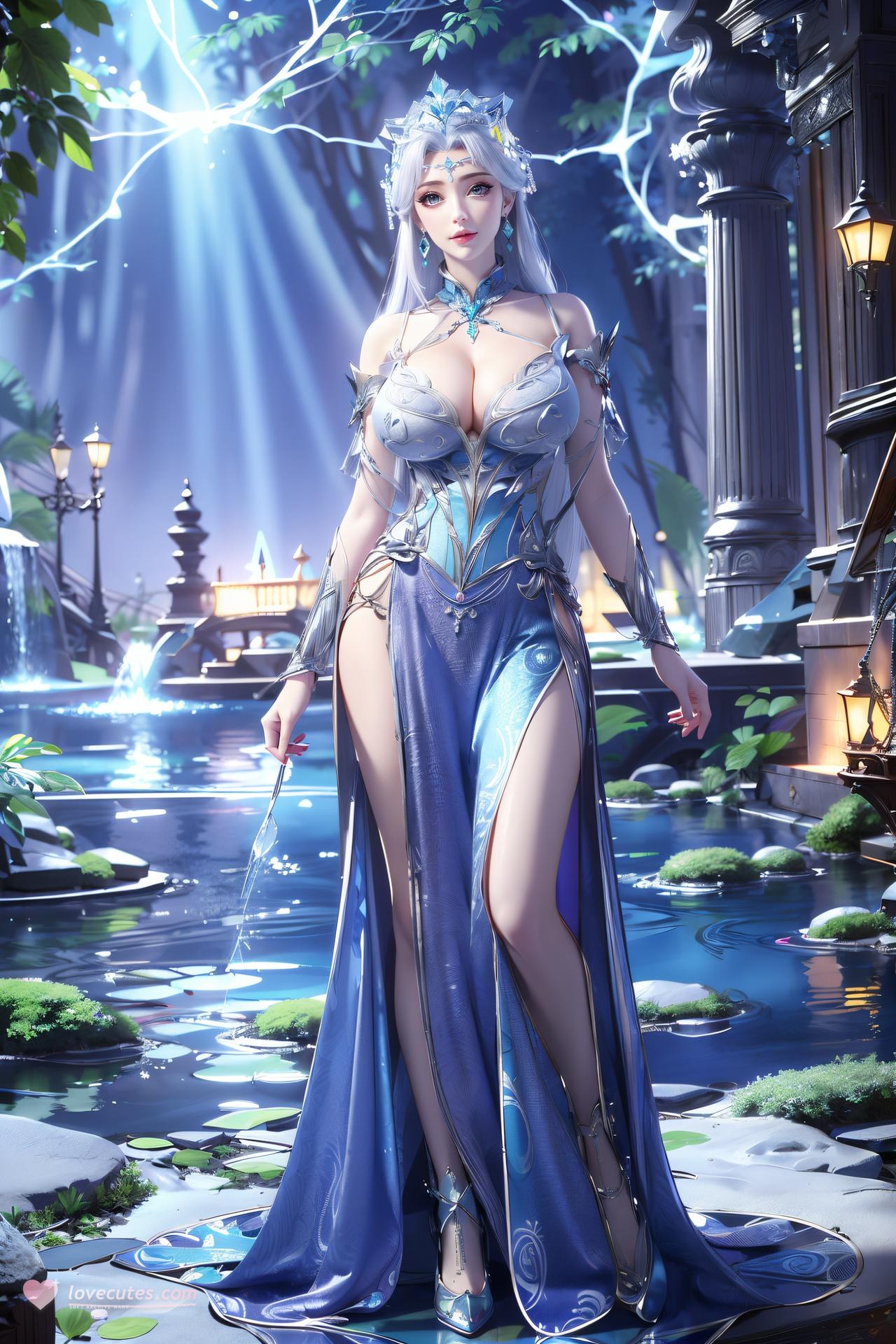 AI Nudes - 寧雨蝶 銀髪青裙水景のAIヌード画像集 75P