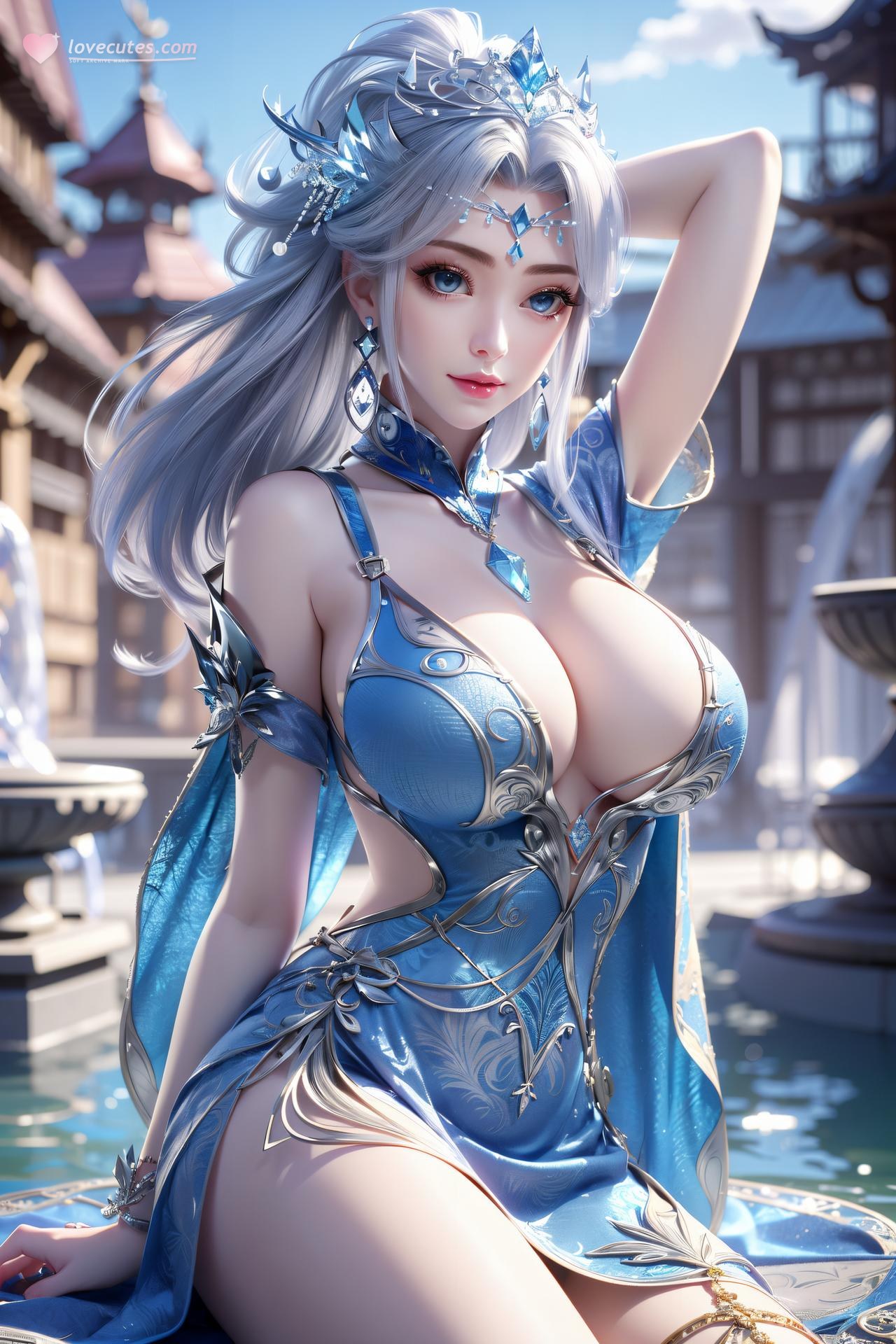 AI Nudes - 寧雨蝶 銀髪青裙水景のAIヌード画像集 75P